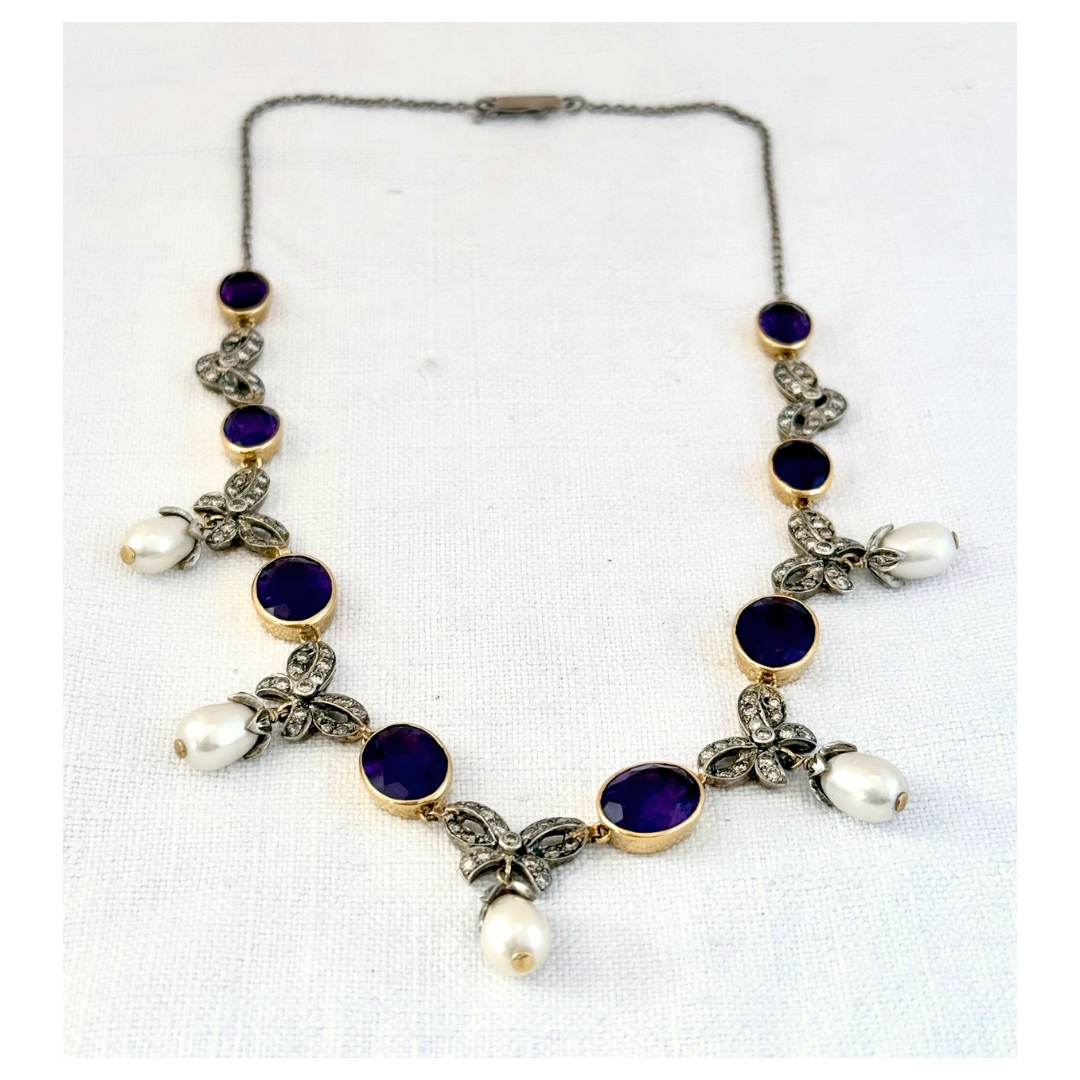.1880s 1900s .18ct gold antique Belle Epoque Amethyst Diamond and pearl bow and ribbon Collier 750 marked necklace and earring set