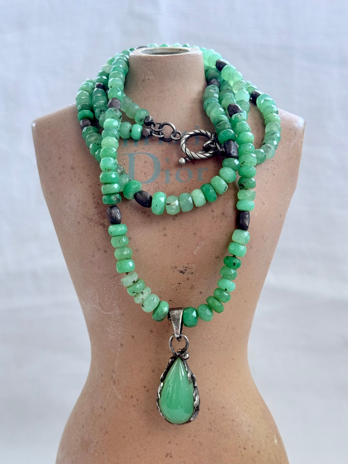 .925 boho Chrysoprase green hand faceted double gemstone necklace