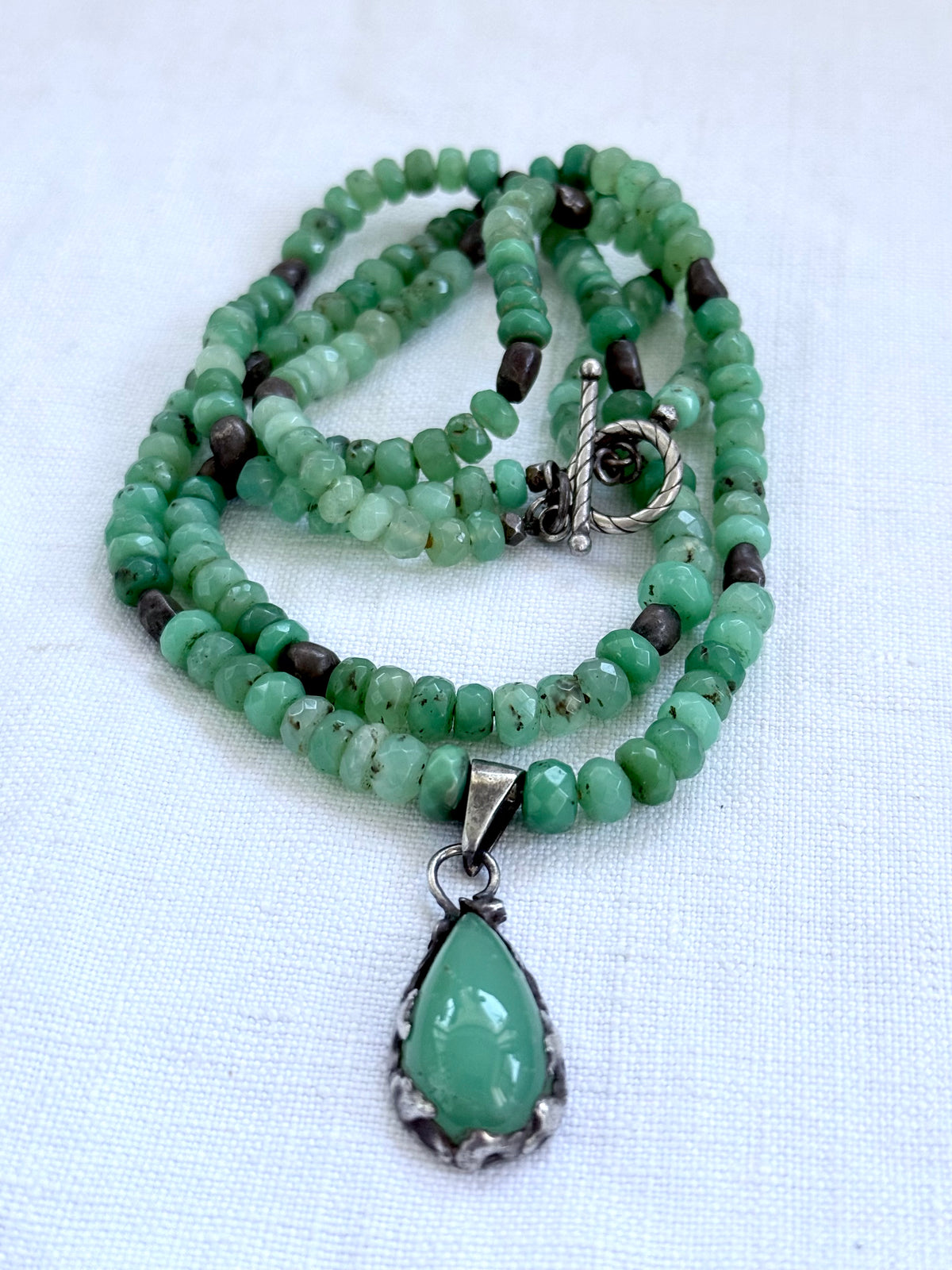 .925 boho Chrysoprase green hand faceted double gemstone necklace
