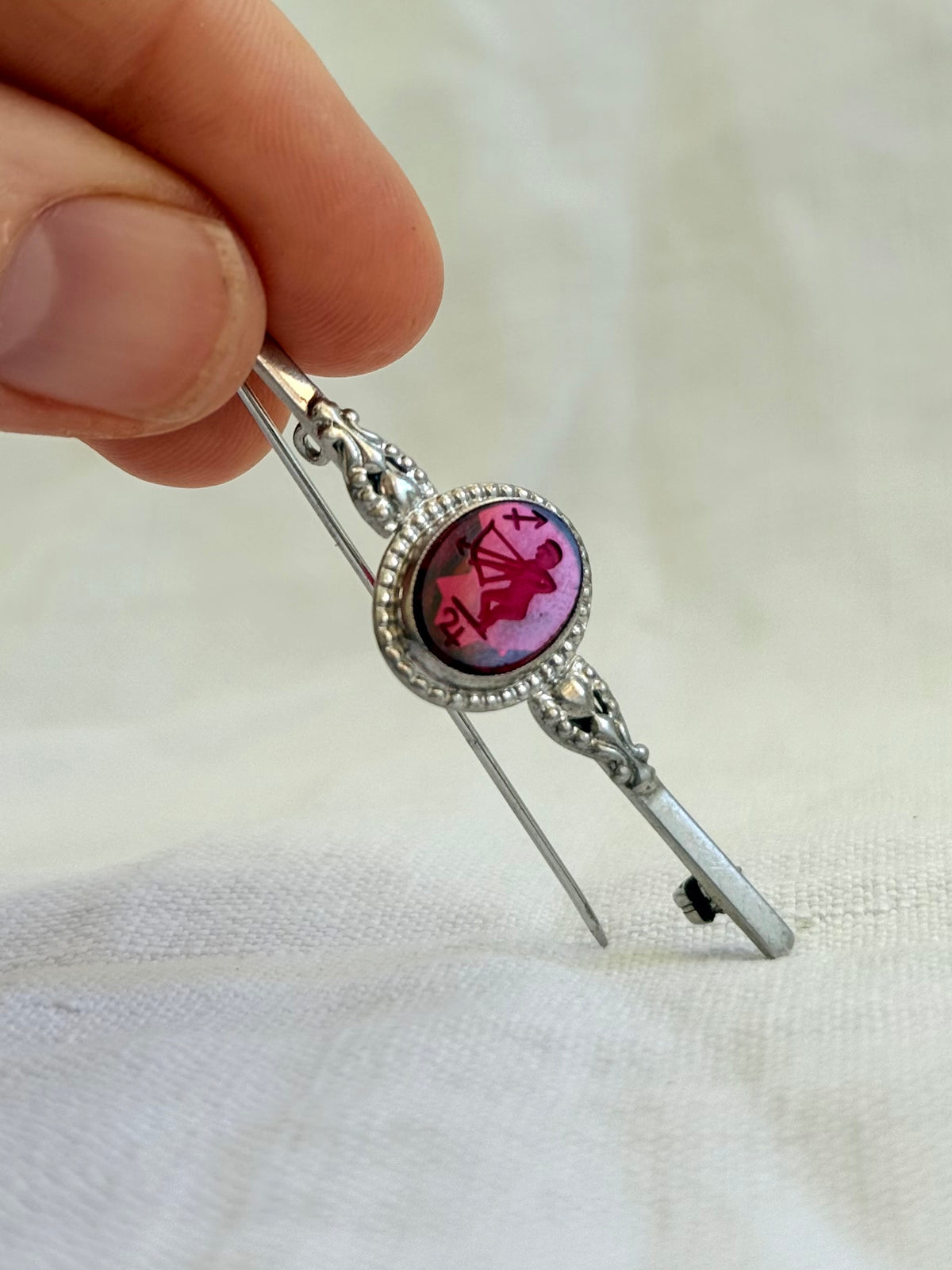 .1920s .925 Art Deco revival 1940s Zodiac Sagittarius reverse crystal glass intaglio sterling silver bar brooch