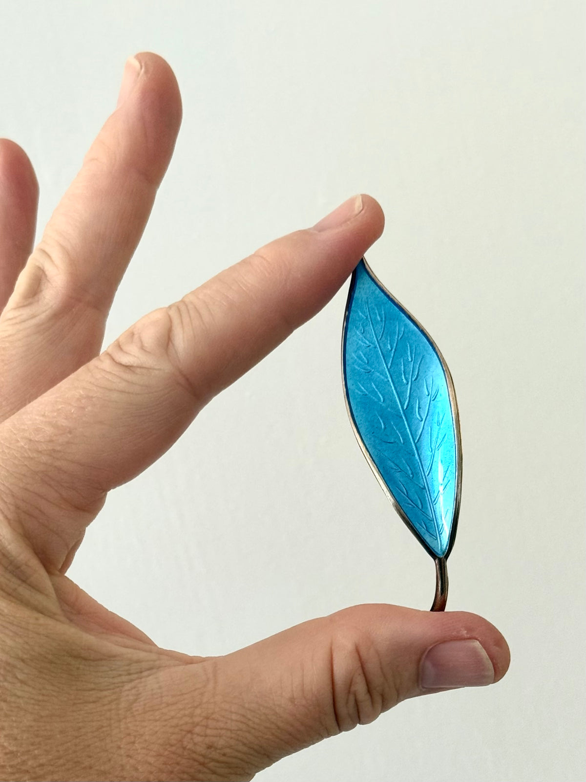 1950s .925 designer David Andersen fine sterling silver designer collectors sky blue enamel leaf brooch