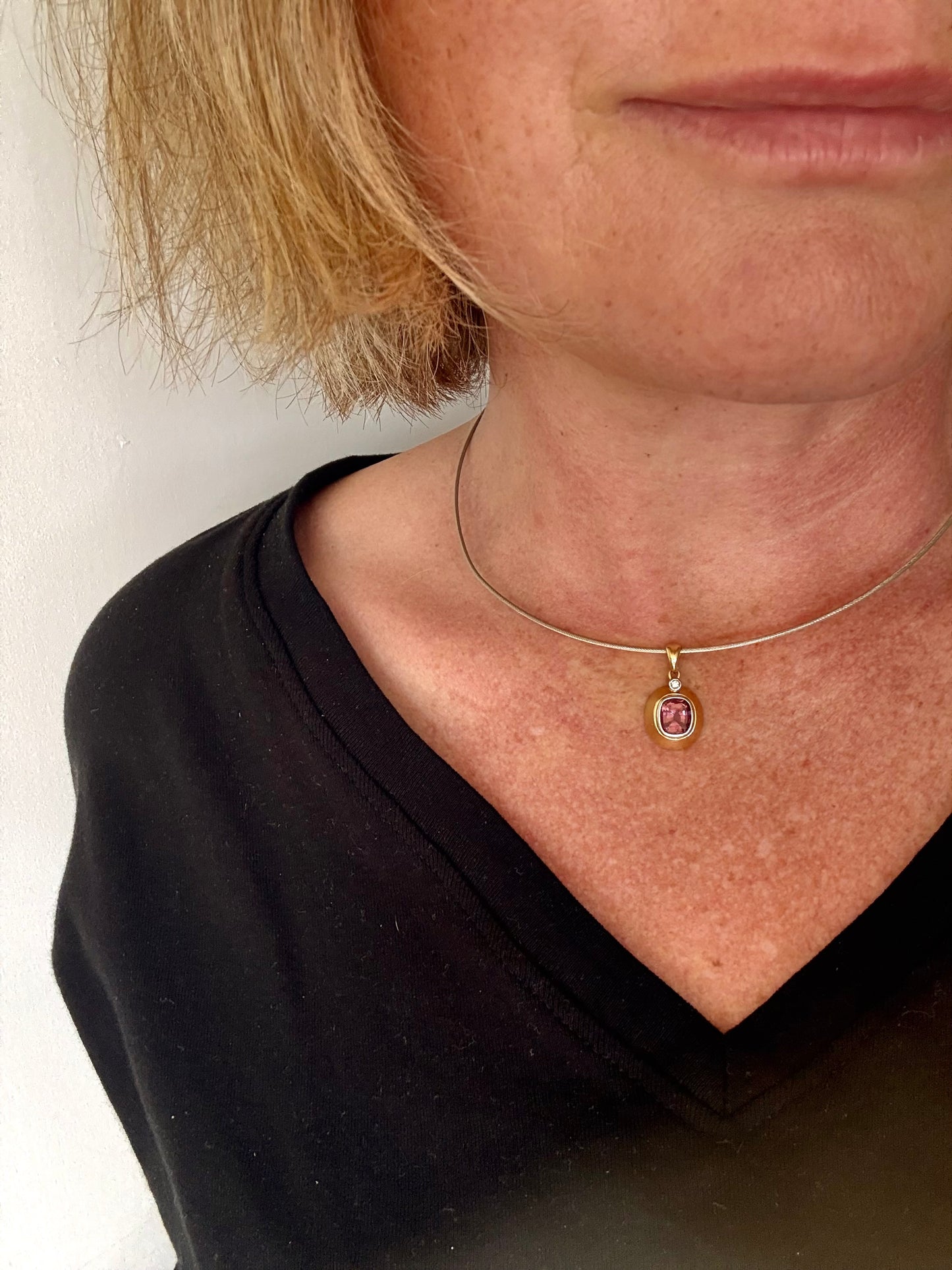 .18ct diamond and Pink Tourmaline modernist form high carat yellow gold luxury gemstone pendant