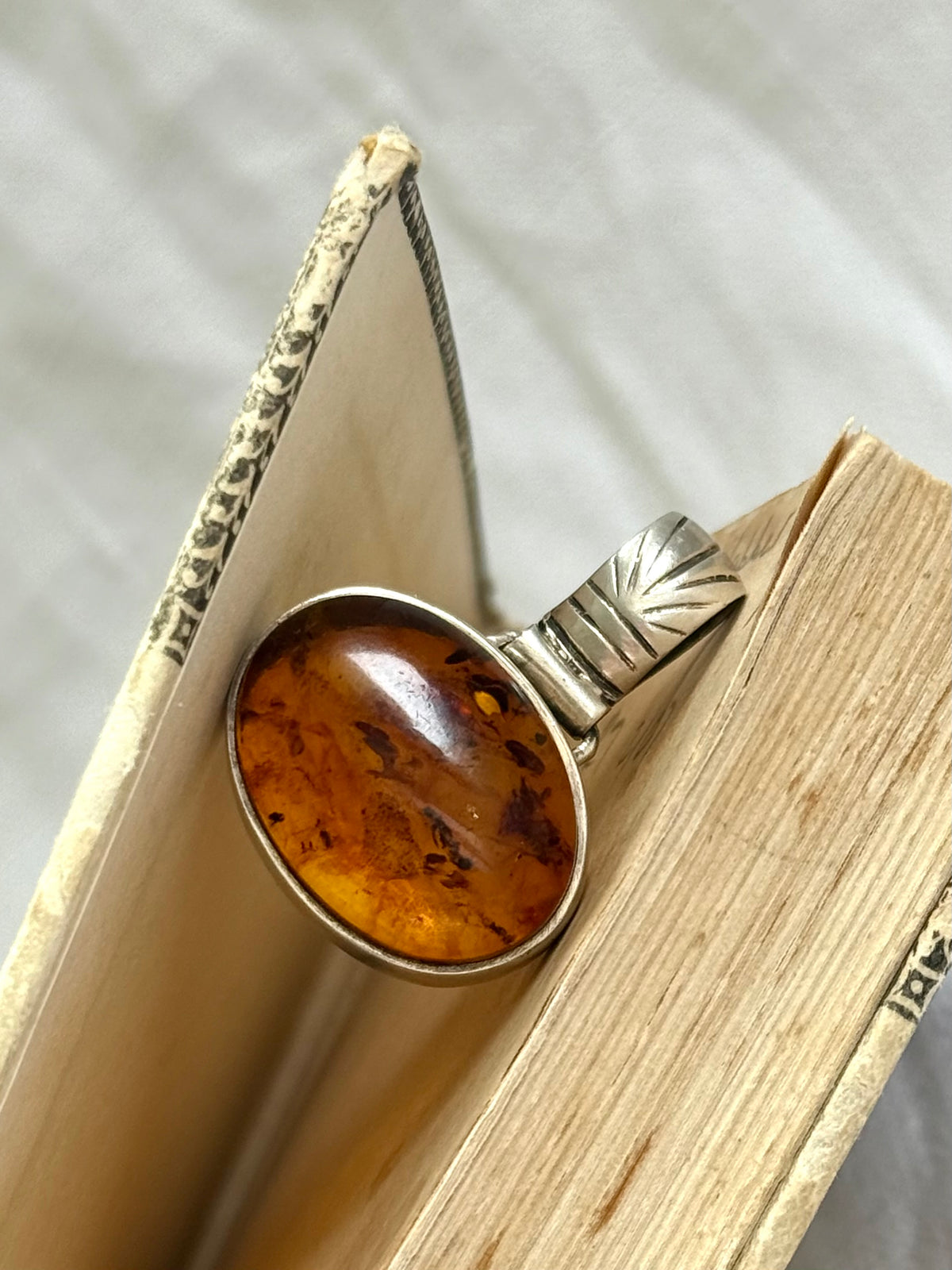 .925 Amber gemstone Artisan made modernist geometric shaped boho tribal style large Amber gemstone silver pendant