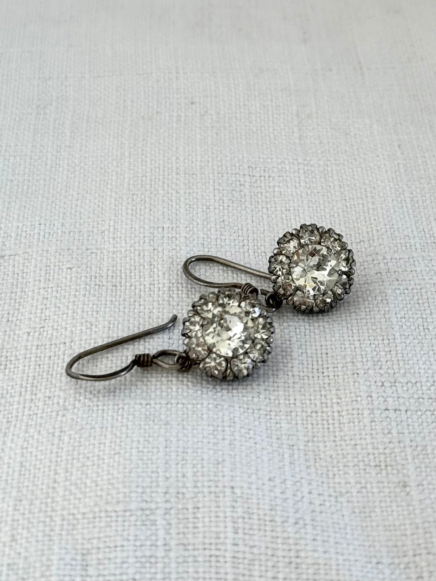 .1920s .925 antique Art Deco Edwardian diamond paste halo floret gemstone luxury sterling silver dangle earrings
