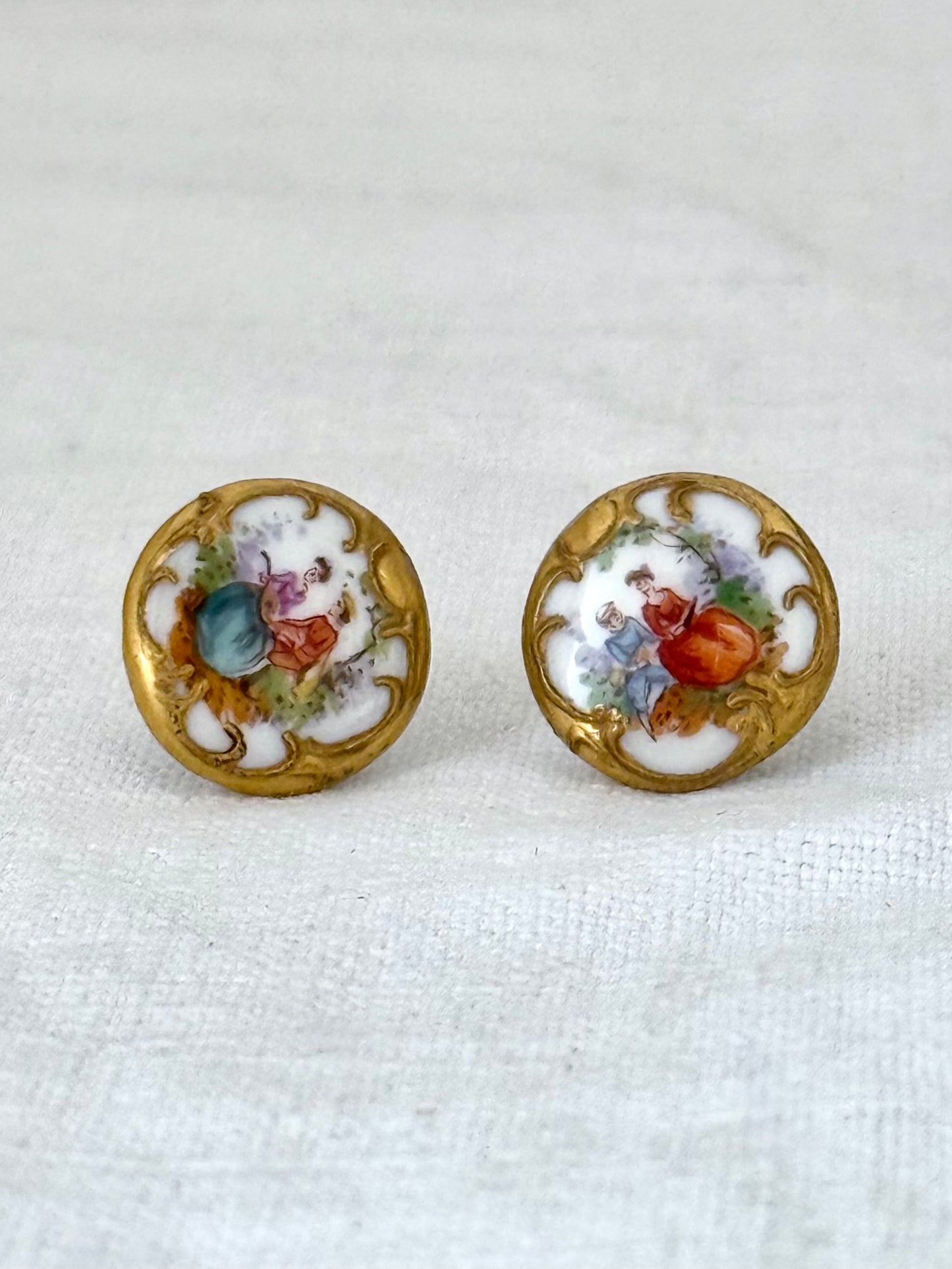 .1940s era Limoges hand painted romantic vintage porcelain button earrings
