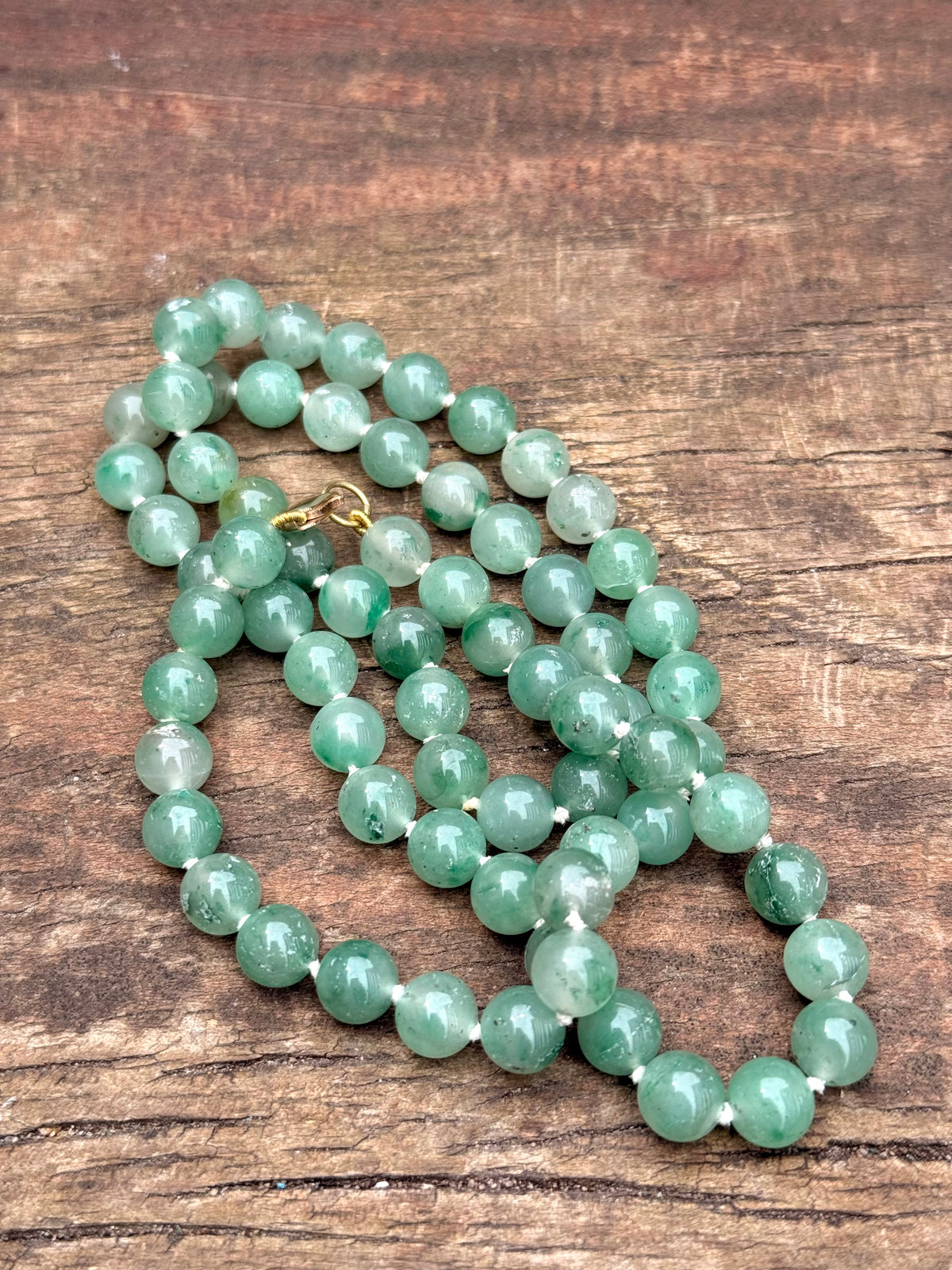 .375 .9ct gold and natural Aventurine “old Jade” long luxurious gemstone bead necklace