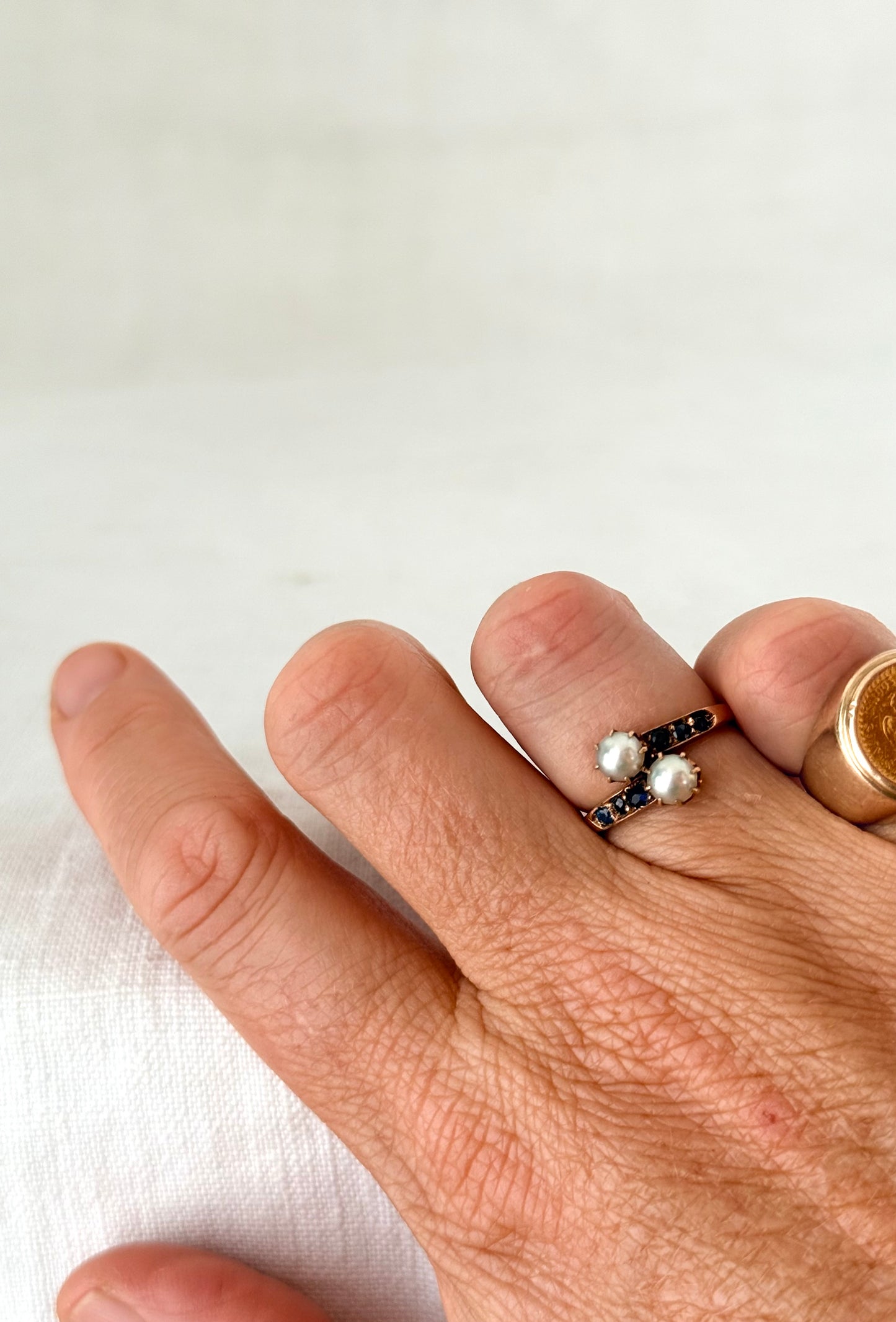 .14ct .1880s .1900s .585 gold antique Victorian Edwardian treasure Toi et Moi double pearl and sapphire bypass sweetheart commitment ring