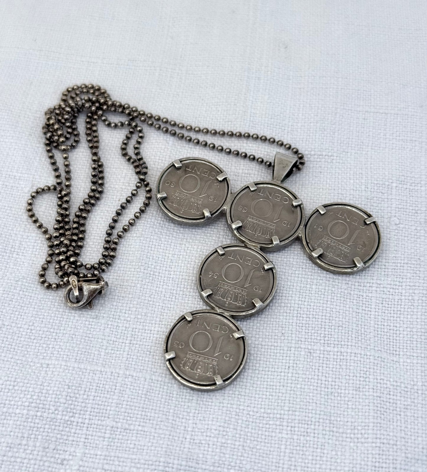 .1954 to .1980 .10 cents coin cross silver pendant on long lovely chain necklace