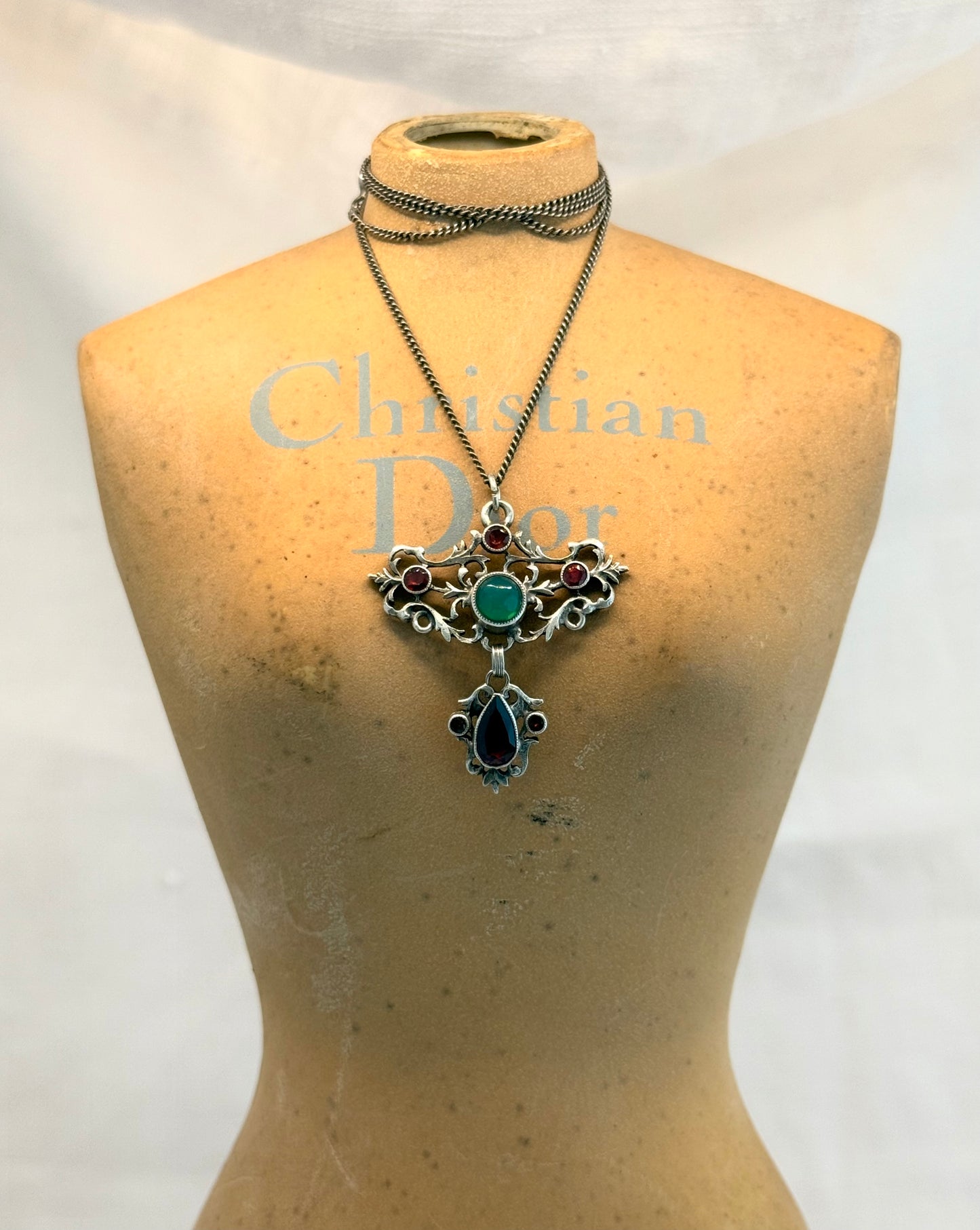 .1800s Antique Austro-Hungarian rare Garnet and Chrysoprase gemstone collectors treasure Victorian era silver lavaliere fancy filigree pendant