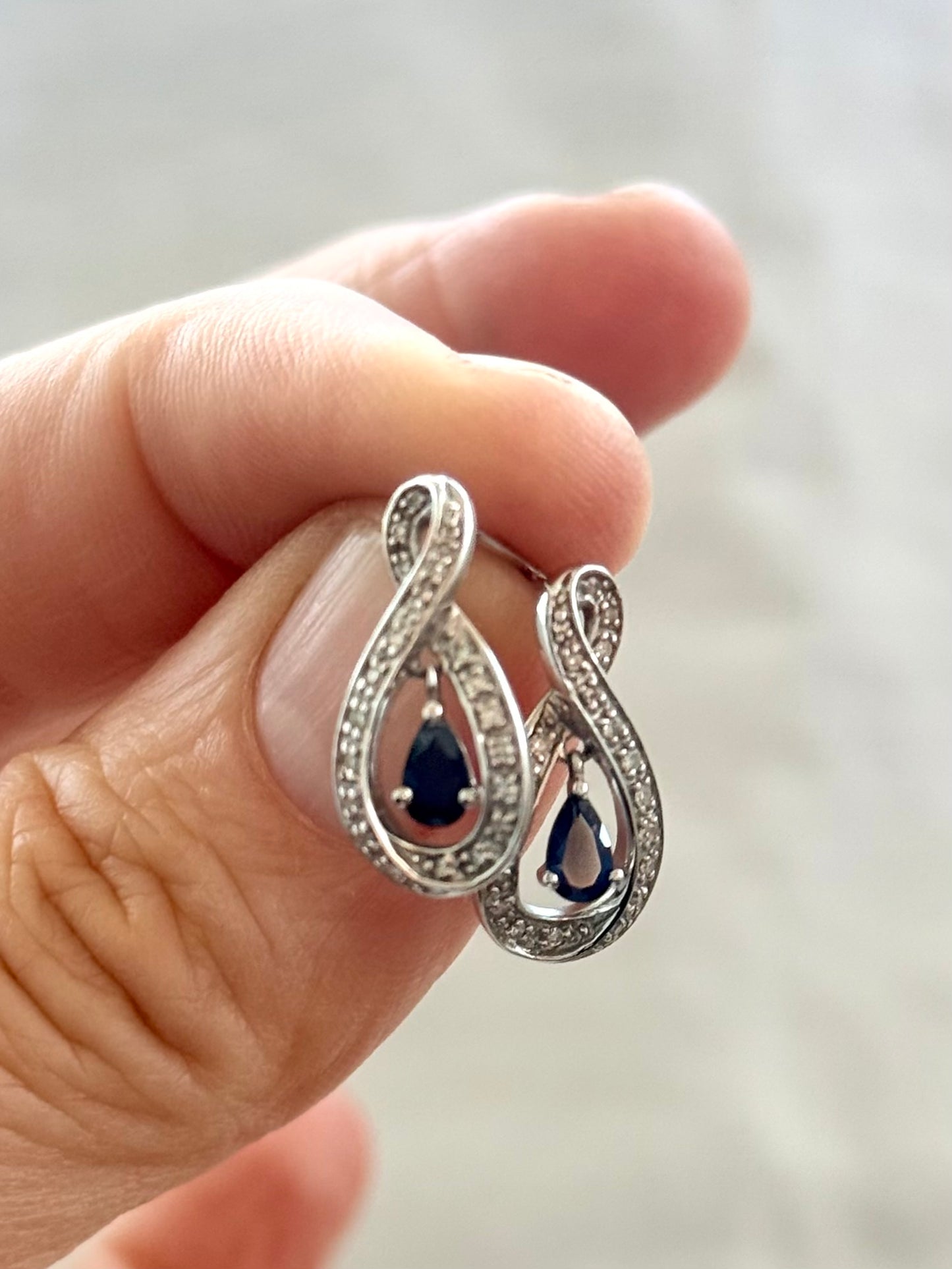 .375 .42 diamond .2 sapphires .9ct white gold infinity teardrop luxury post stud dangle diamond and sapphire push in earrings