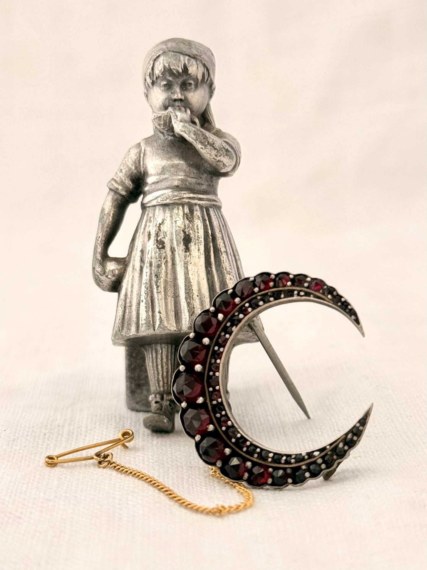 .1880s .1890s antique fine Bohemian Garnet gemstone set crescent celestial moon collectors silver gold brooch