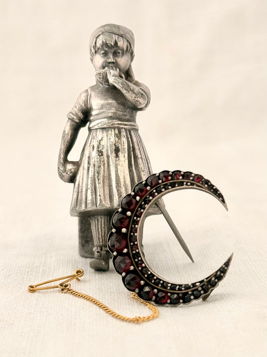 .1880s .1890s antique fine Bohemian Garnet gemstone set crescent celestial moon collectors silver gold brooch