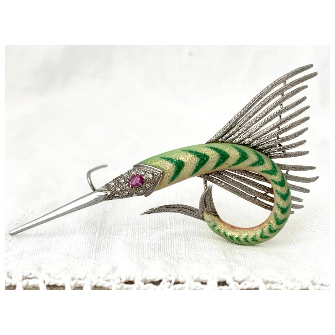 .1940s .18ct .750 high carat Swordfish Diamond, fine Enamel and Ruby Marlin Fish artisan made 750 18k gold dress brooch