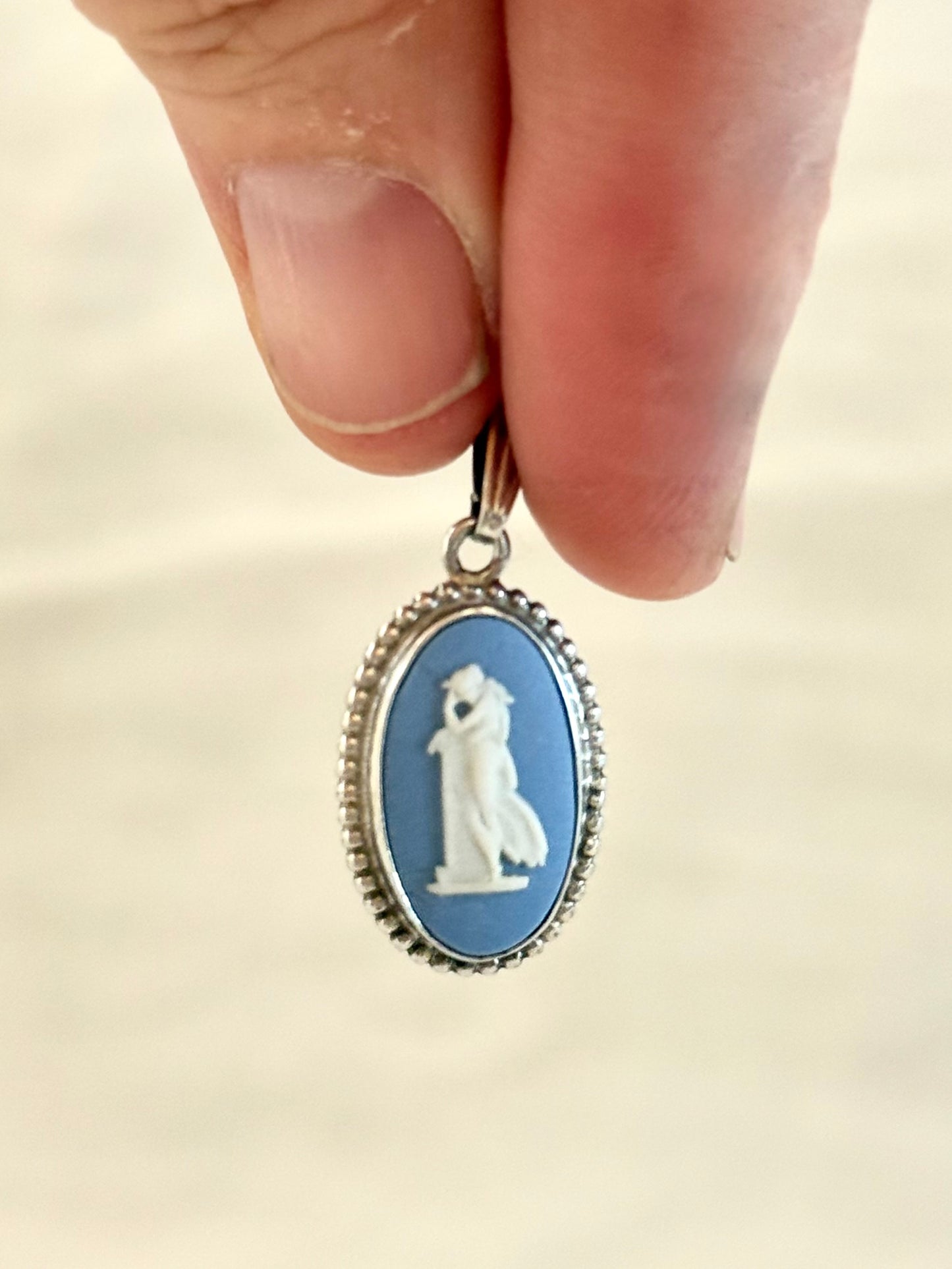 .1970s .1973 .925 Andromache Greek Grecian goddess blue Jasperware high relief vintage Wedgwood cameo sterling silver Greek dame oval silver pendant