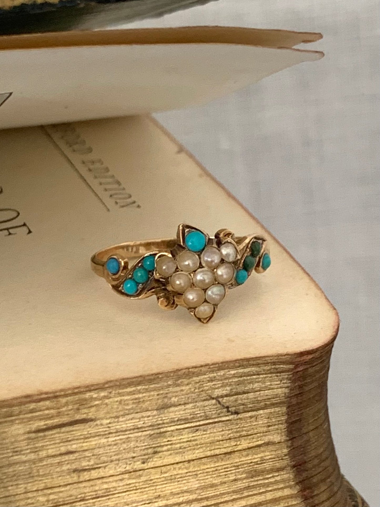.1890s .1900s .375 .9ct antique buttery gold turquoise seed pearl grecian grape leaf Victorian gold sweetheart symbolic memory treasure ring