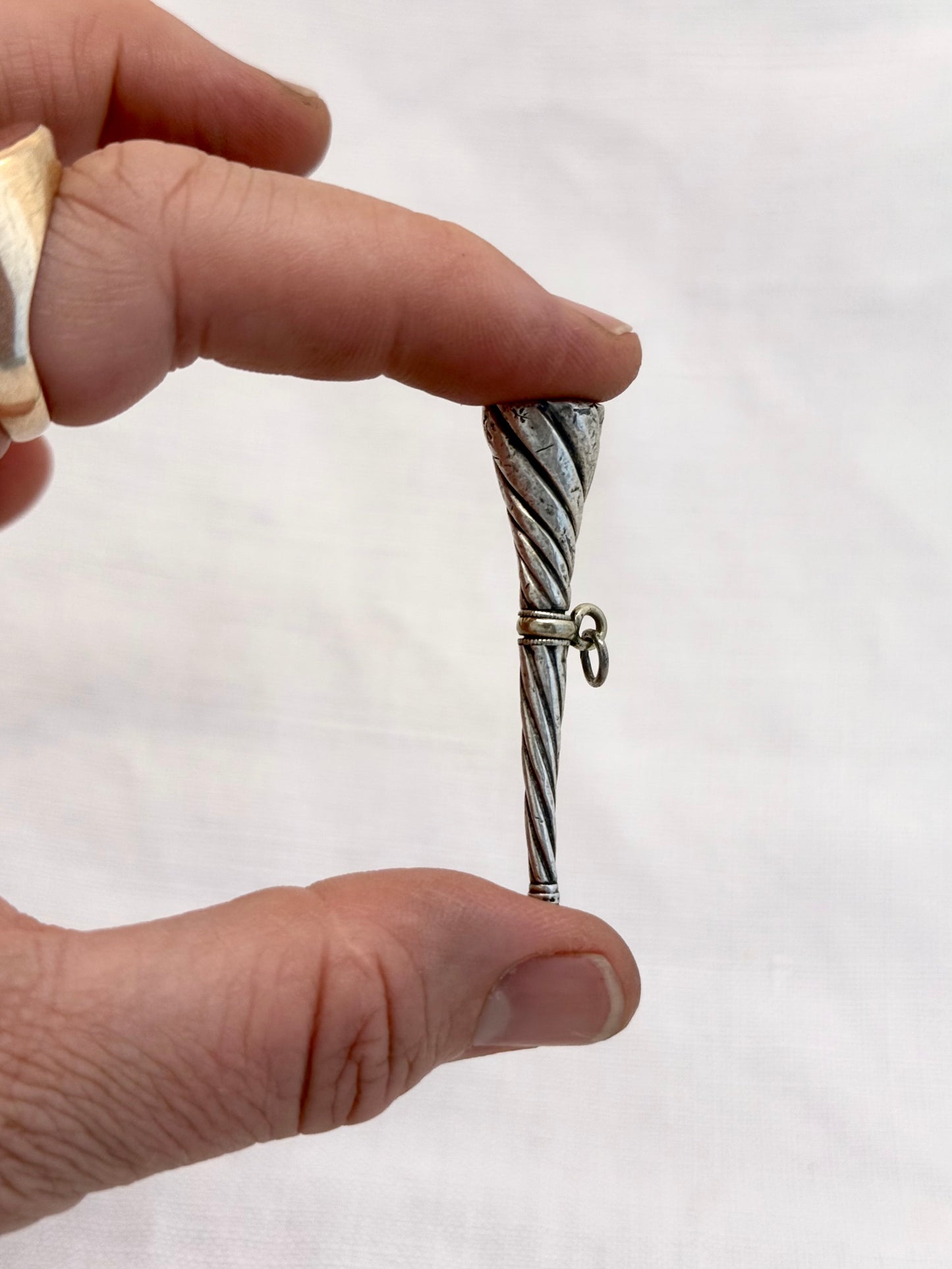 .1880s .1890s antique banded agate silver watch winder key Trumpet Shape horn of plenty Cornucopia pendant with banded Black Agate Gemstone accent