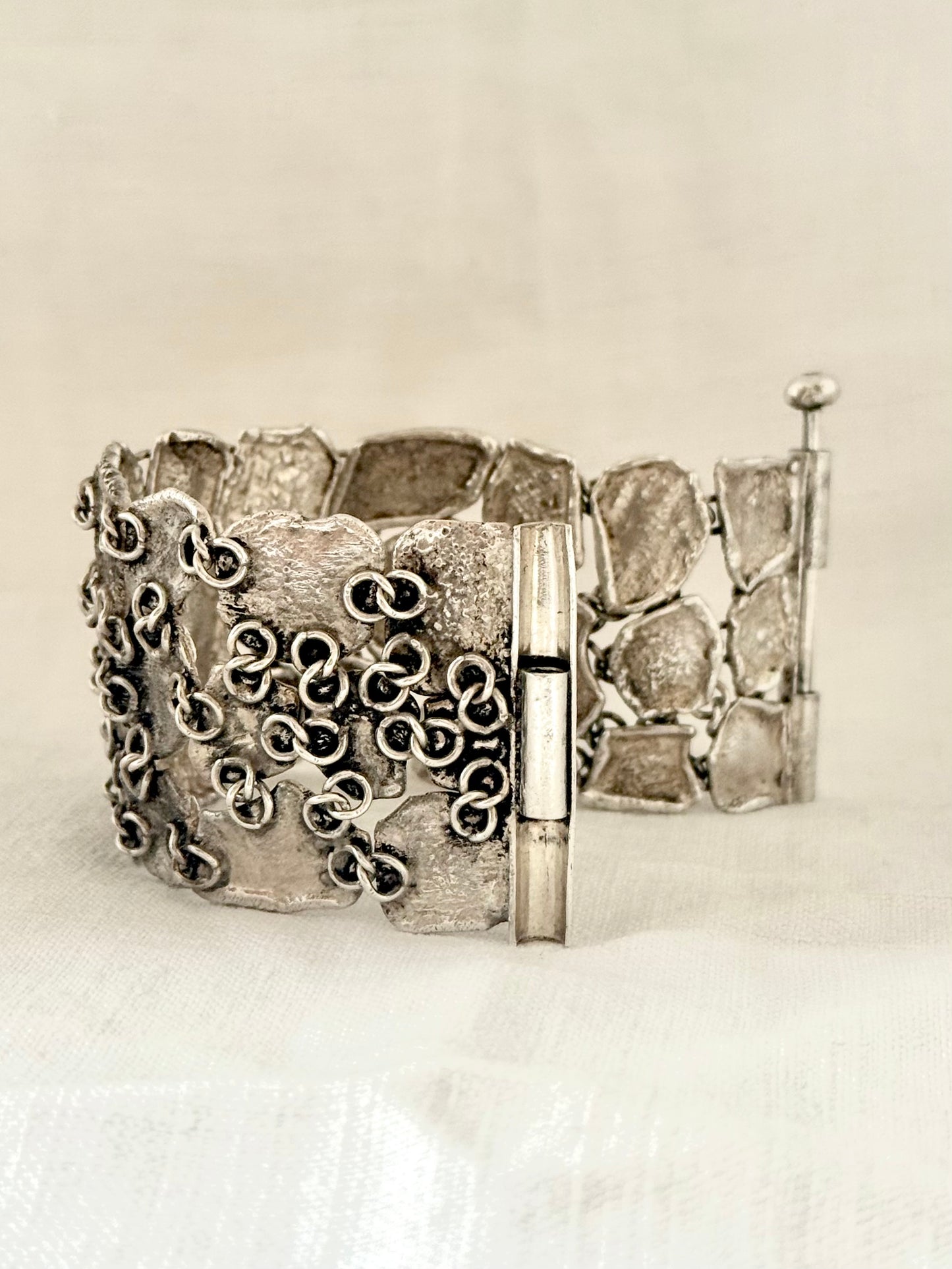 .1950s .925 Brutalist Modernist chunky silver hand made free form wide solid silver accent panel bracelet