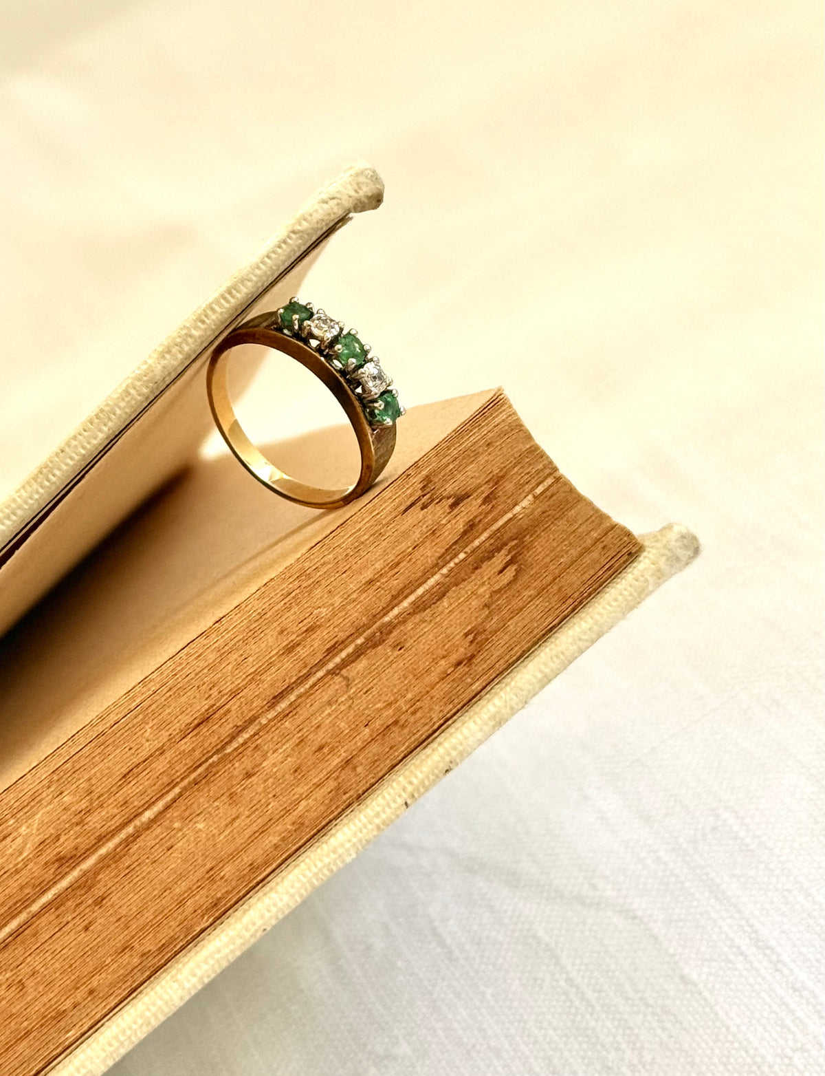 14k .1960s .1970s 3 Emeralds 2 Diamonds 5 precious gemstones high carat modernist brutalist half eternity ring band