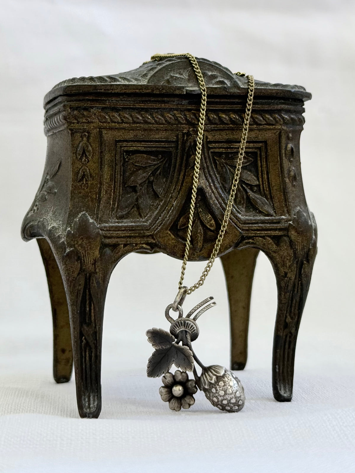 .1900s .1910s Art Nouveau French silver Strawberry and flower pendant and chain necklace