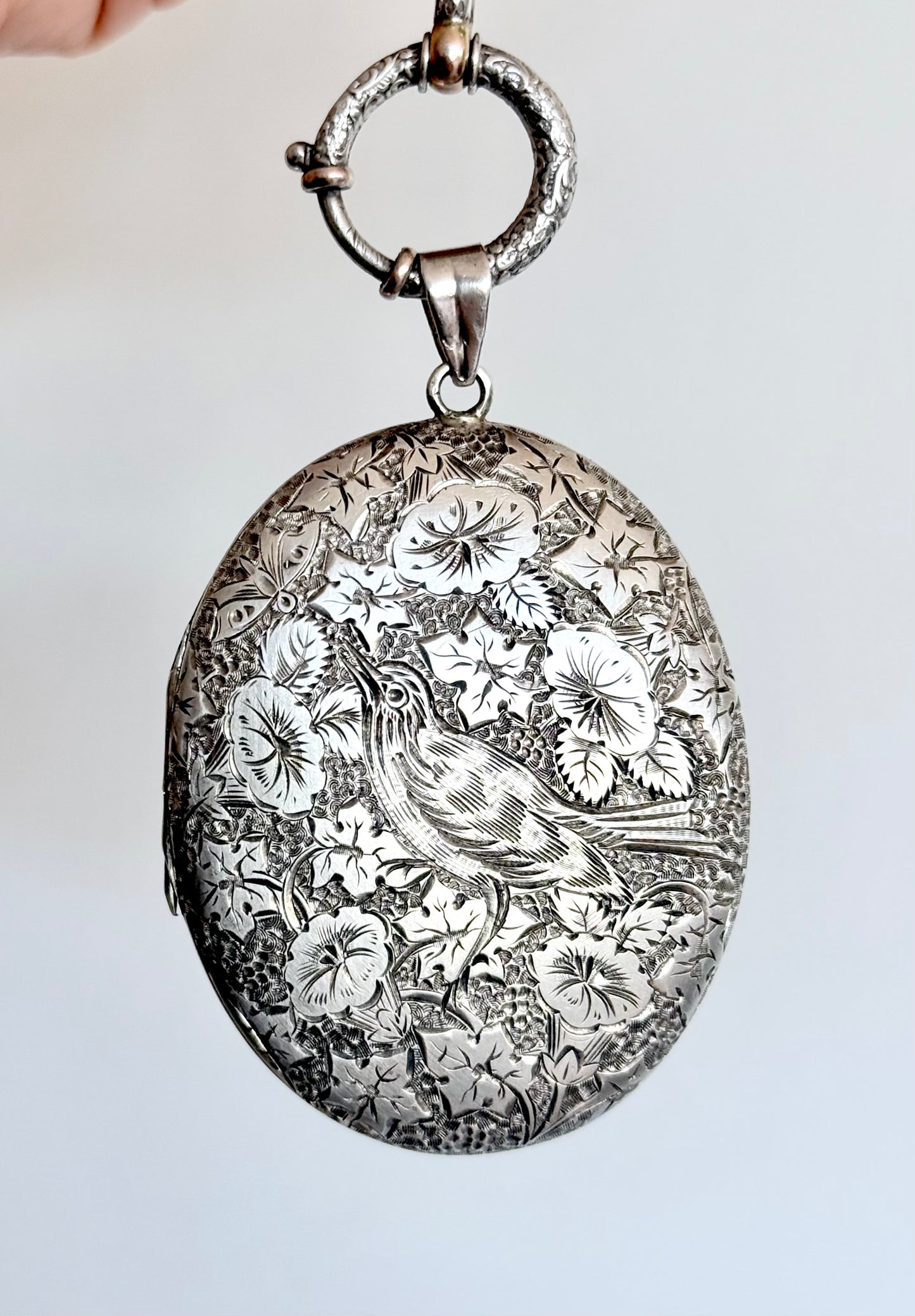 .1880s .1890s .925 large Victorian Aesthetic deep engraved Swallow and floral detailed antique French sterling silver locket