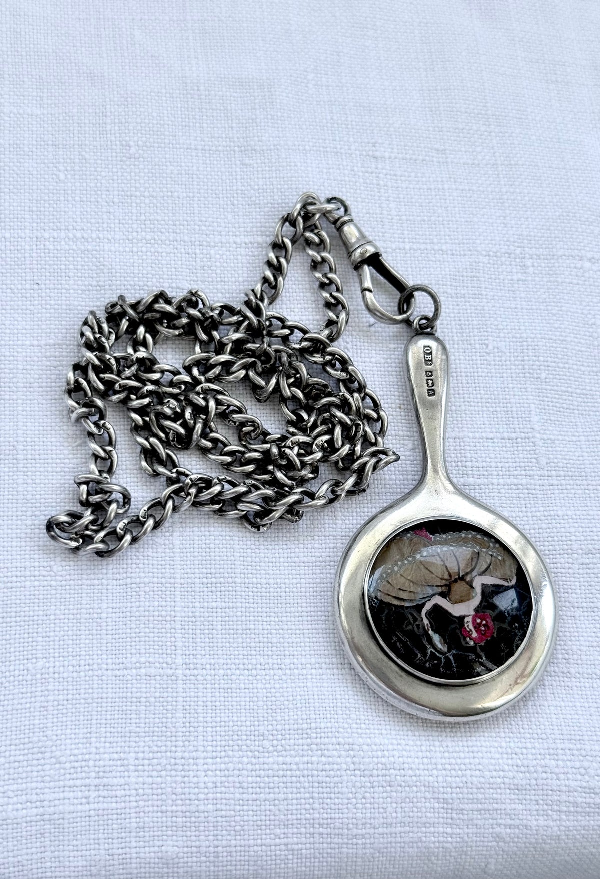 .1925 .925 antique Art Deco sterling silver mini chatelaine mirror hand painted butterfly wing miniature art micro chatelaine silver mirror pendant