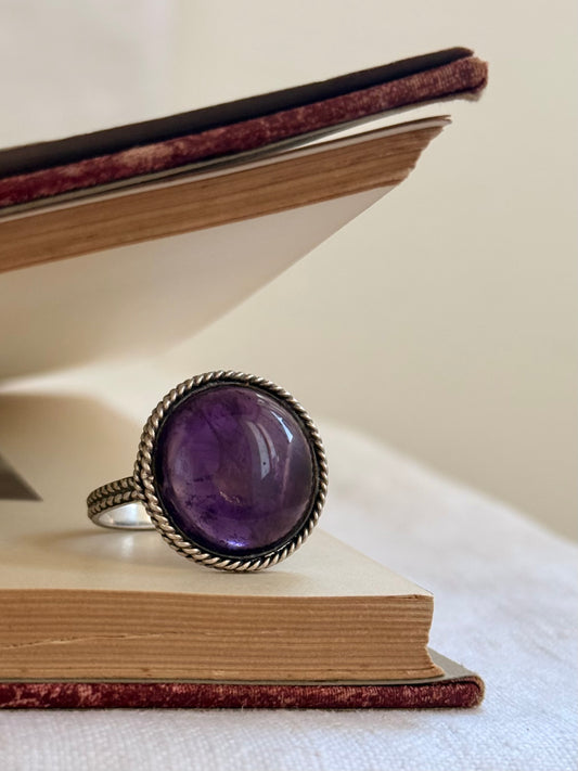 .925 Amethyst cabochon artisan made February birthstone hand crafted large traditional silver craftsman sterling silver statement ring