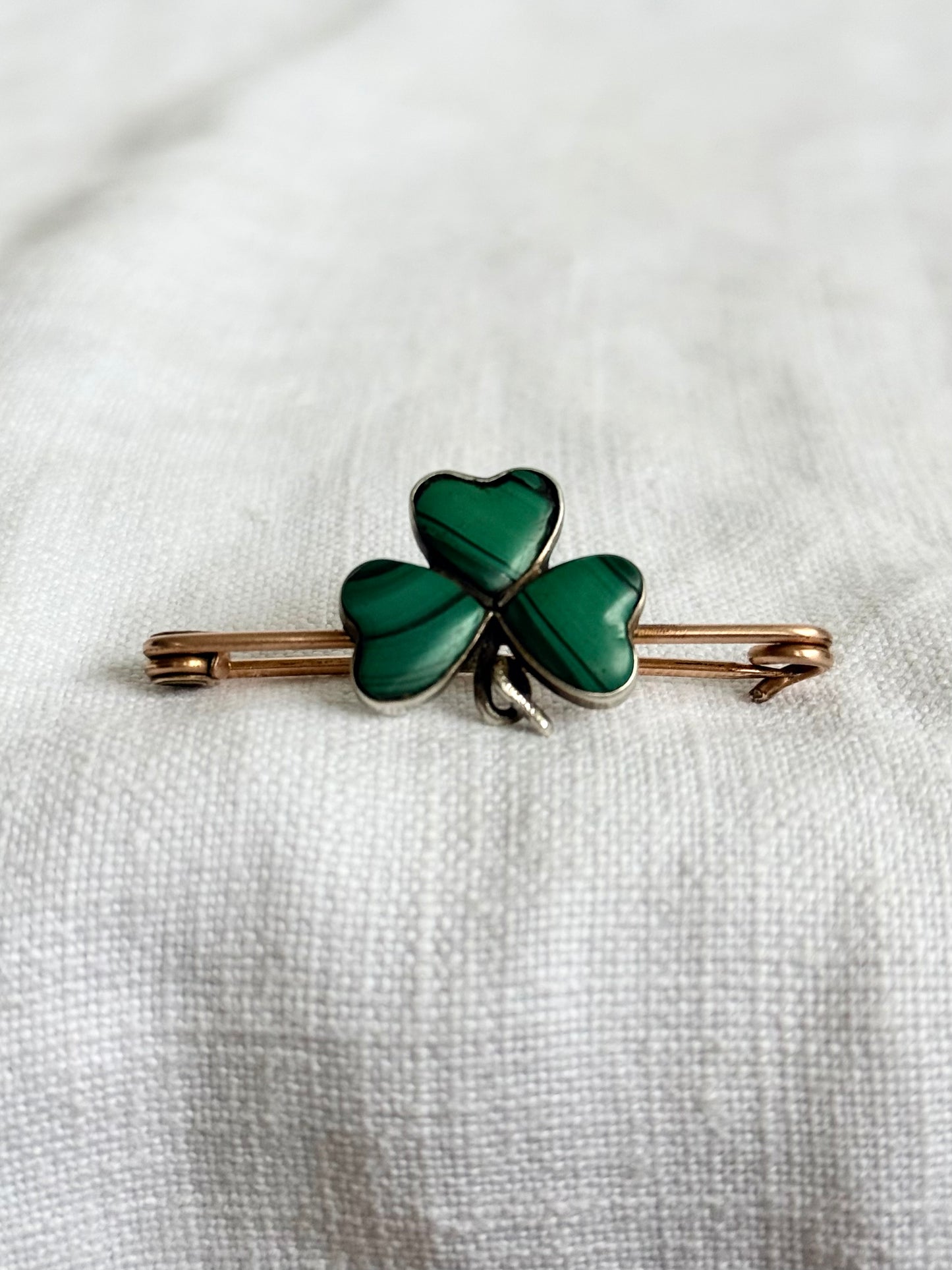 .1900s .1910s Clover Lucky token Malachite green gemstone three leaved faith token sweetheart brooch