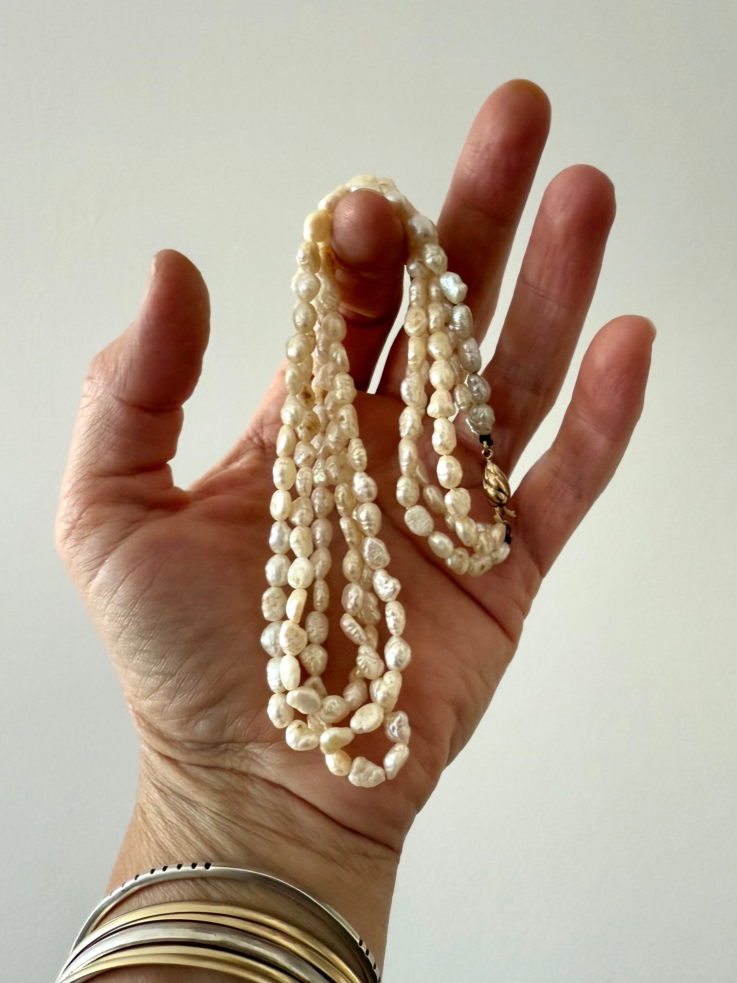 .375 3 strand freshwater rice pearl multi strand vintage 1930s style pearl necklace with precious 9k gold slider clasp
