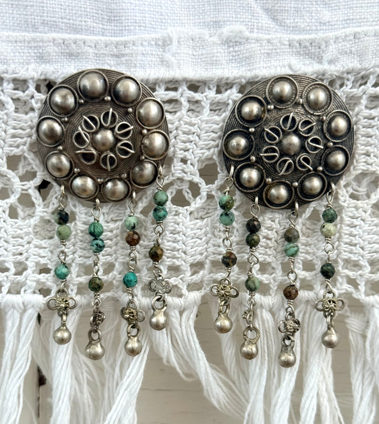 .925 HelenSilverSmit artisan made African Turquoise Tribal shield fringe dangle gemstone earrings