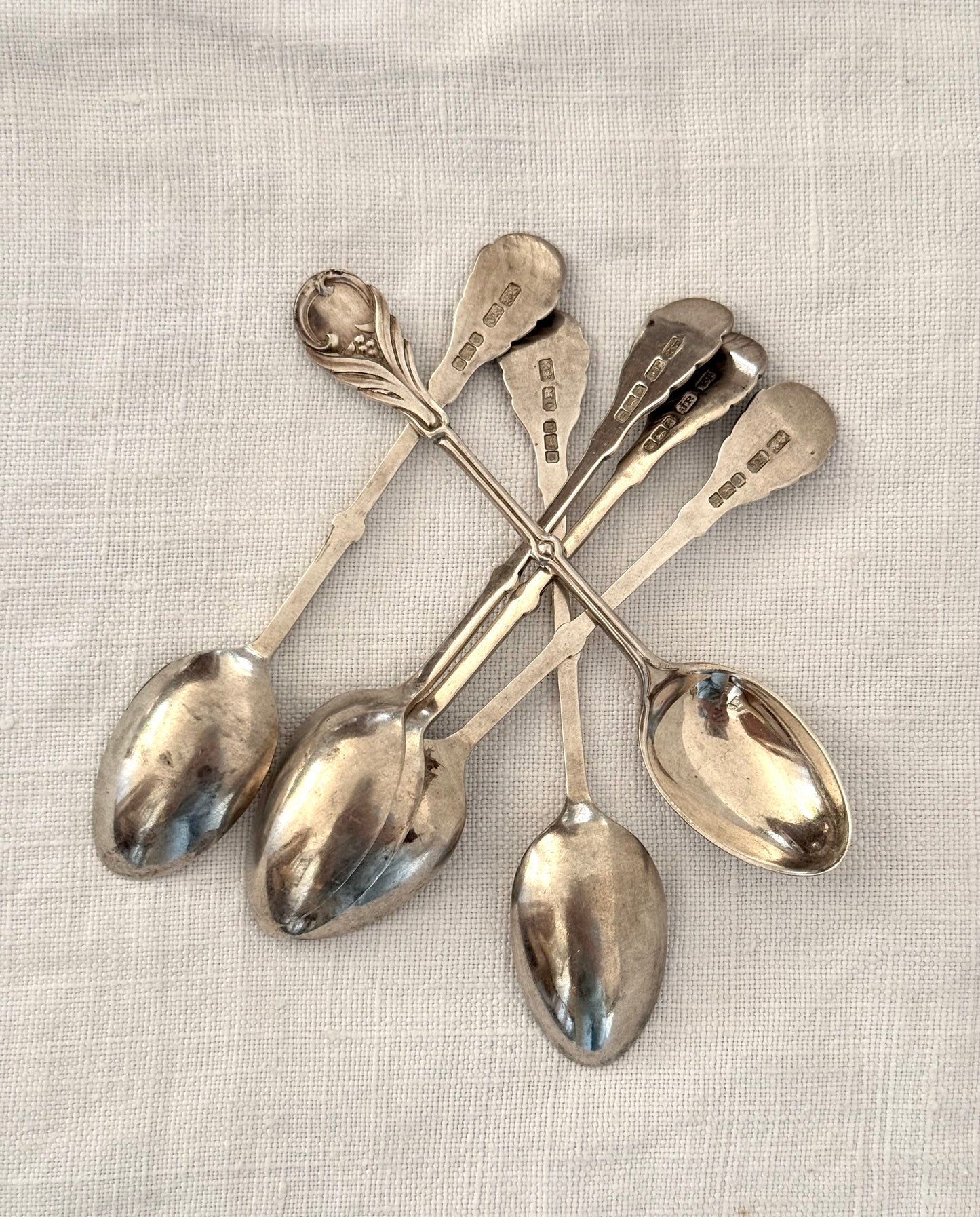 .1906 .925 antique solid sterling silver fancy Edwardian Sheffield England 6 demitasse coffee spoon set by Joseph Rodgers