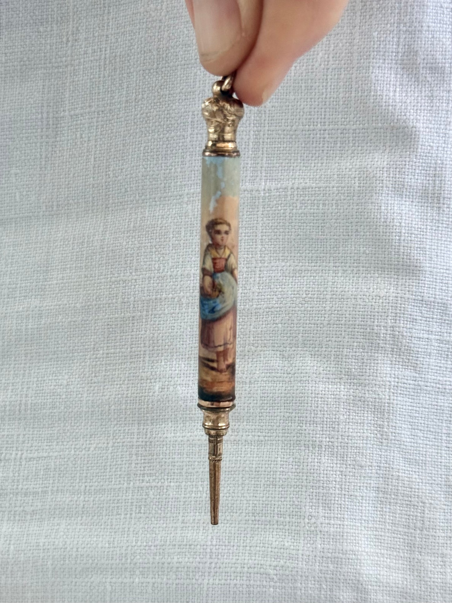 .1860s .1890s antique fine Victorian gold filled fine collectors hand painted enamel chatelaine propelling pencil