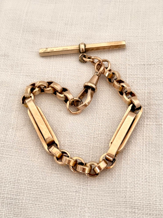 .1890s .1900s .9ct antique chunky gold fancy link double paper clip link fob chain with oversized T bar bracelet