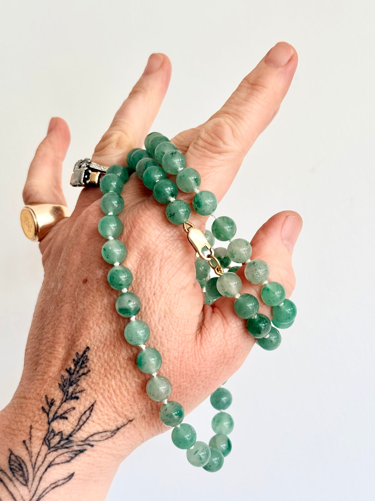 .375 .9ct gold and natural Aventurine “old Jade” long luxurious gemstone bead necklace