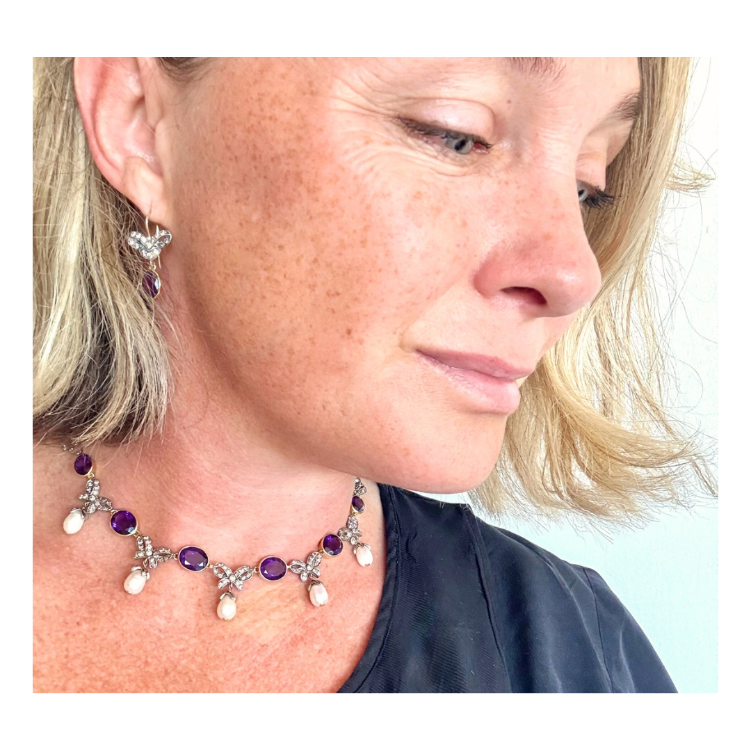 .1880s 1900s .18ct gold antique Belle Epoque Amethyst Diamond and pearl bow and ribbon Collier 750 marked necklace and earring set