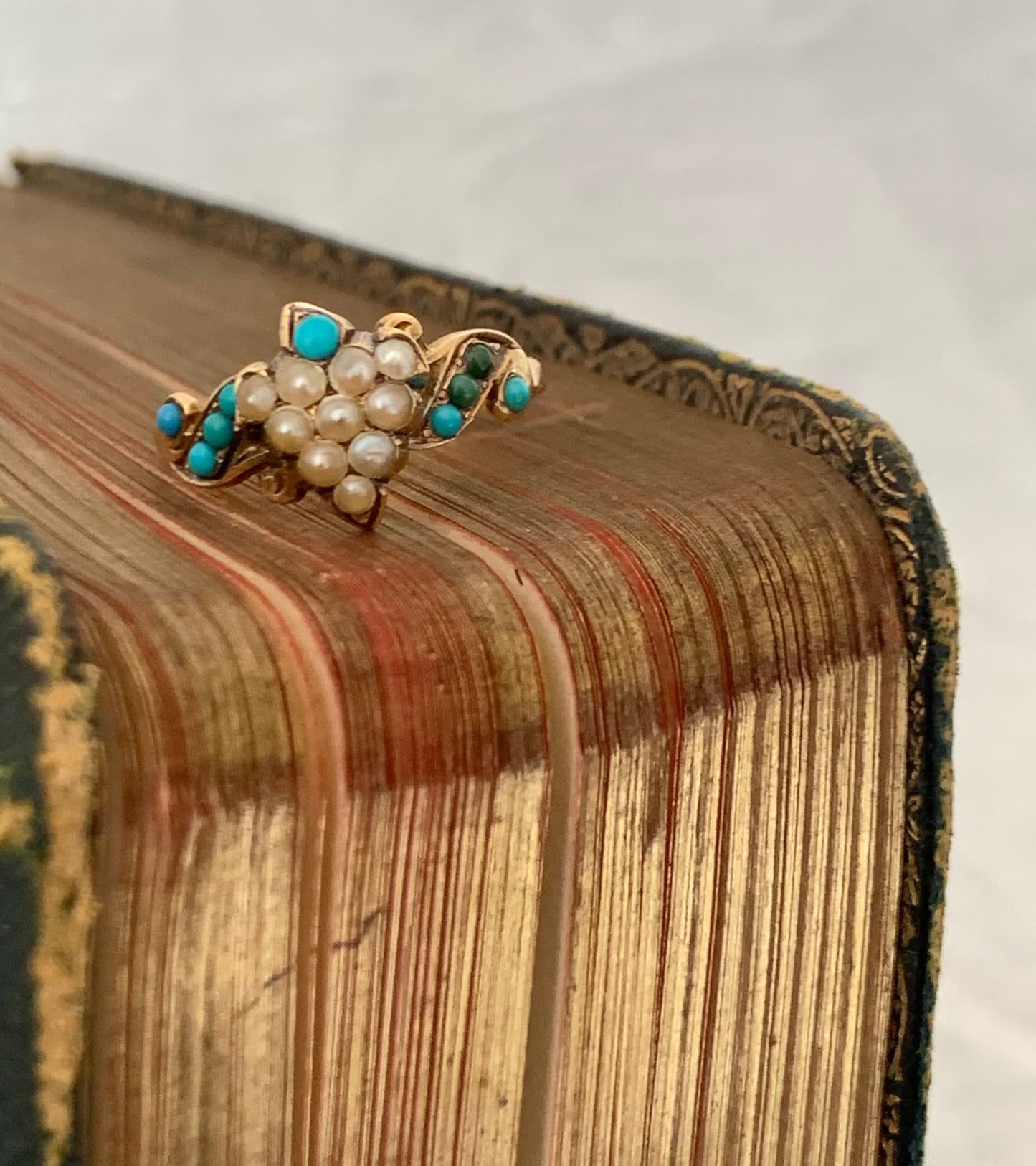 .1890s .1900s .375 .9ct antique buttery gold turquoise seed pearl grecian grape leaf Victorian gold sweetheart symbolic memory treasure ring
