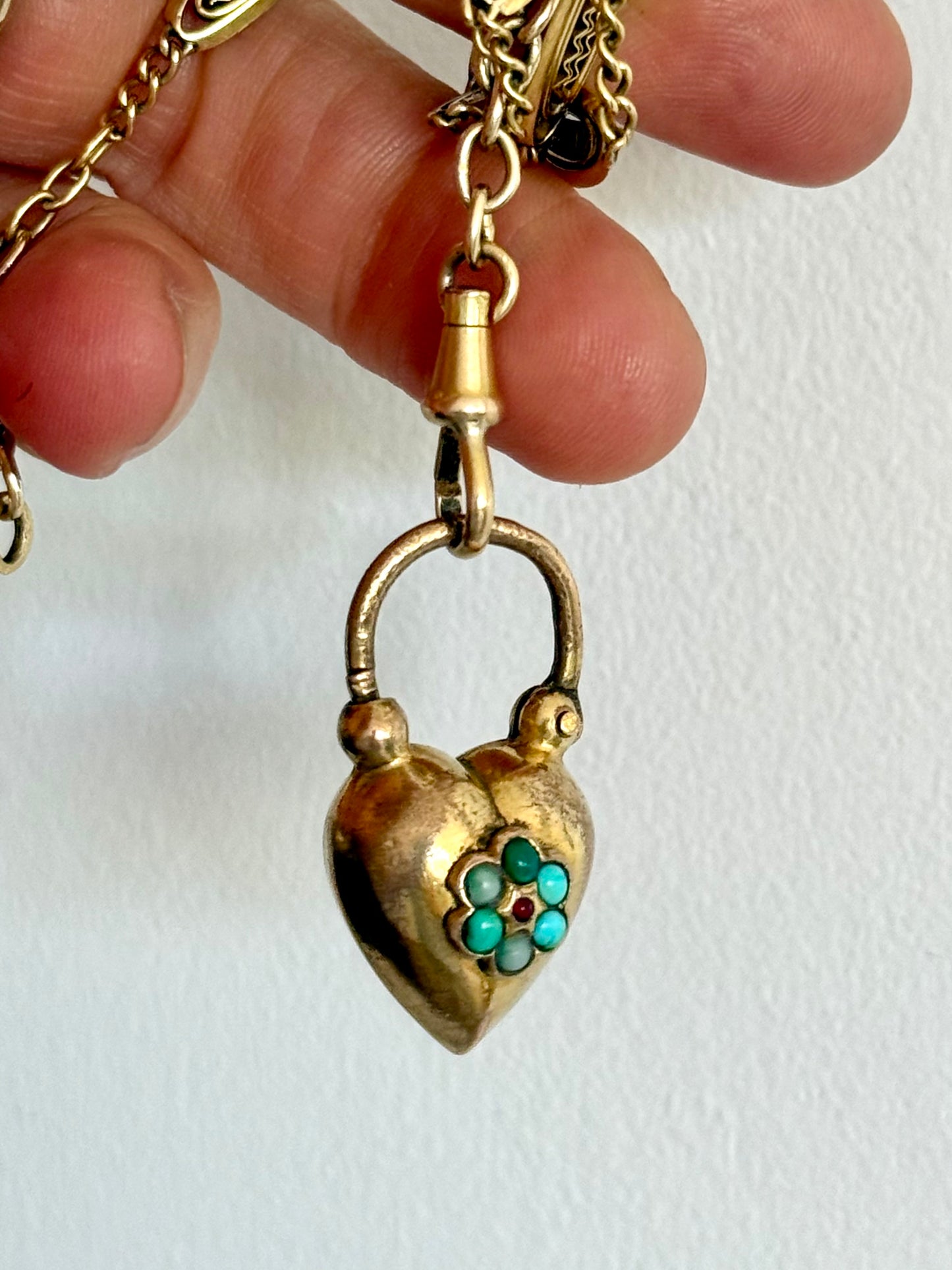 .1800s .1860s antique Georgian to Victorian era collectors heavy Gold fill large puffy heart antique gemstone padlock clasp pendant