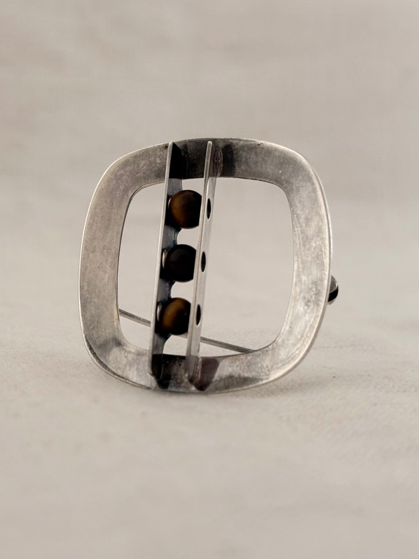 .1970s .925 Finnish designer Kultaseppa Salovaara Tigers Eye gemstone Modernist Mid Century Modern sterling silver brooch