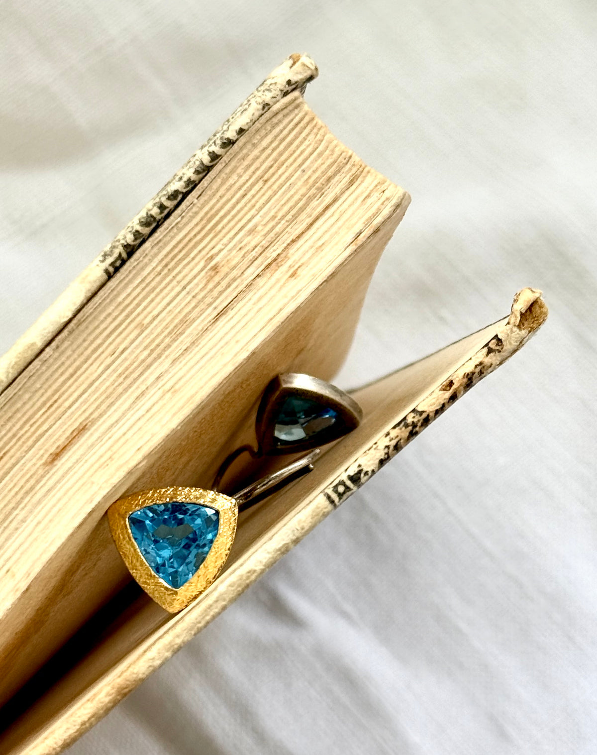 .24k yellow gold 925 silver ANPA artisan made Swiss Blue Topaz Trillion gold silver studio made drop dangle earrings