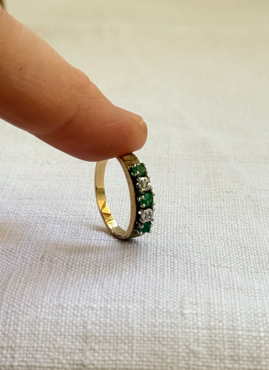 14k .1960s .1970s 3 Emeralds 2 Diamonds 5 precious gemstones high carat modernist brutalist half eternity ring band