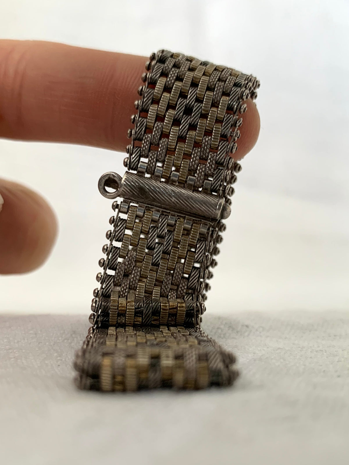 .1890s .1900s .925 antique Victorian fancy form gold fill and silver track mesh bracelet