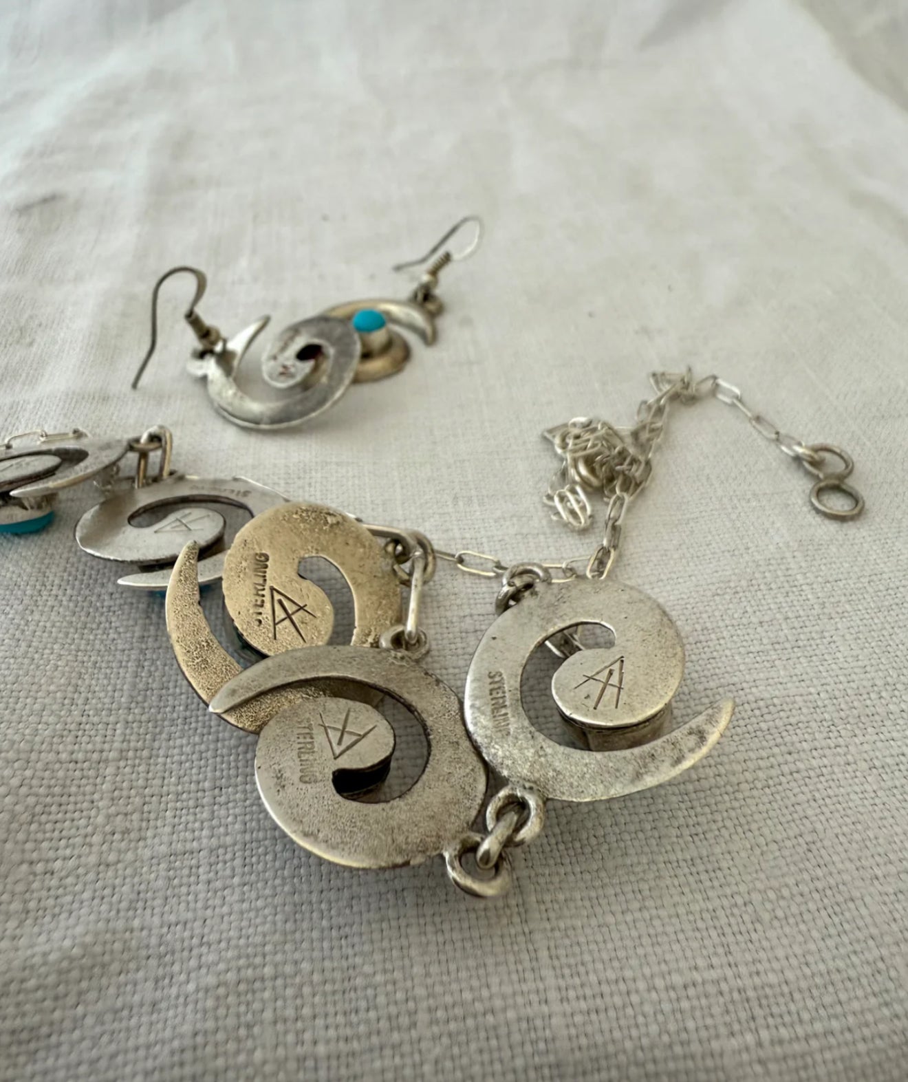 .1970s .925 artisan made designer Navajo silversmith turquoise silver swirl pattern necklace and designer Mildred Parkhurst earring set