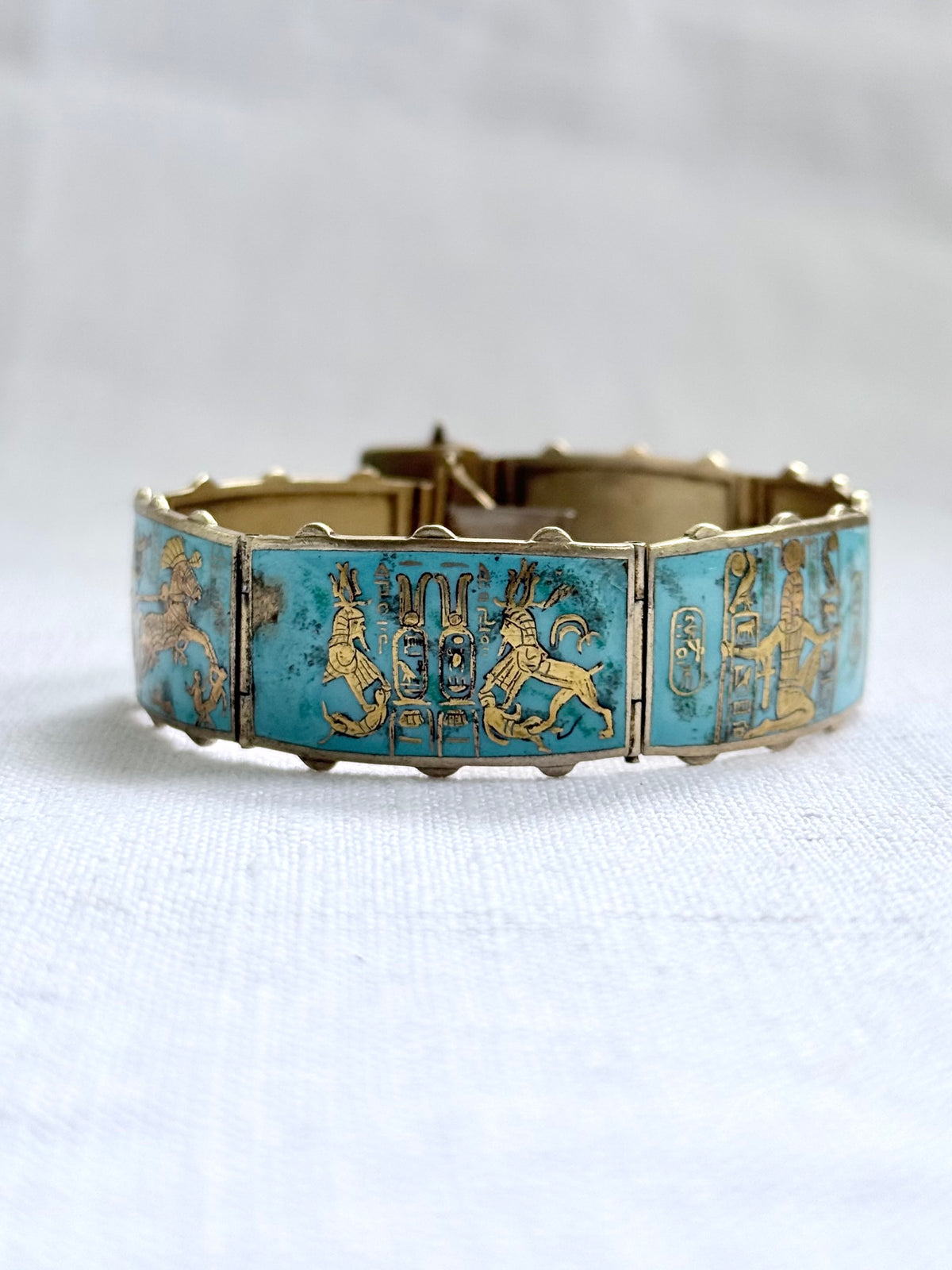 .1920s .935 Egyptian silver rare desired Egyptian revival gold gilded turquoise enamel 6 panel pictorial Pharaoh Egyptology enamel silver gold bracelet