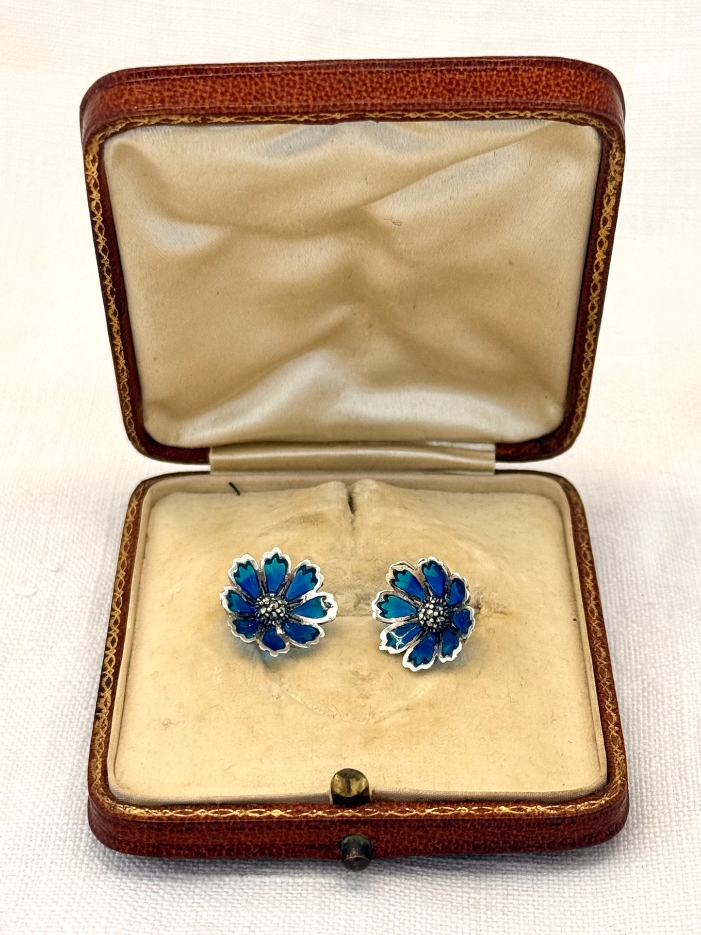 .1990s .925 silver and Plique a Jour enamel Daisy Marcasite gemstone post stud push in earrings