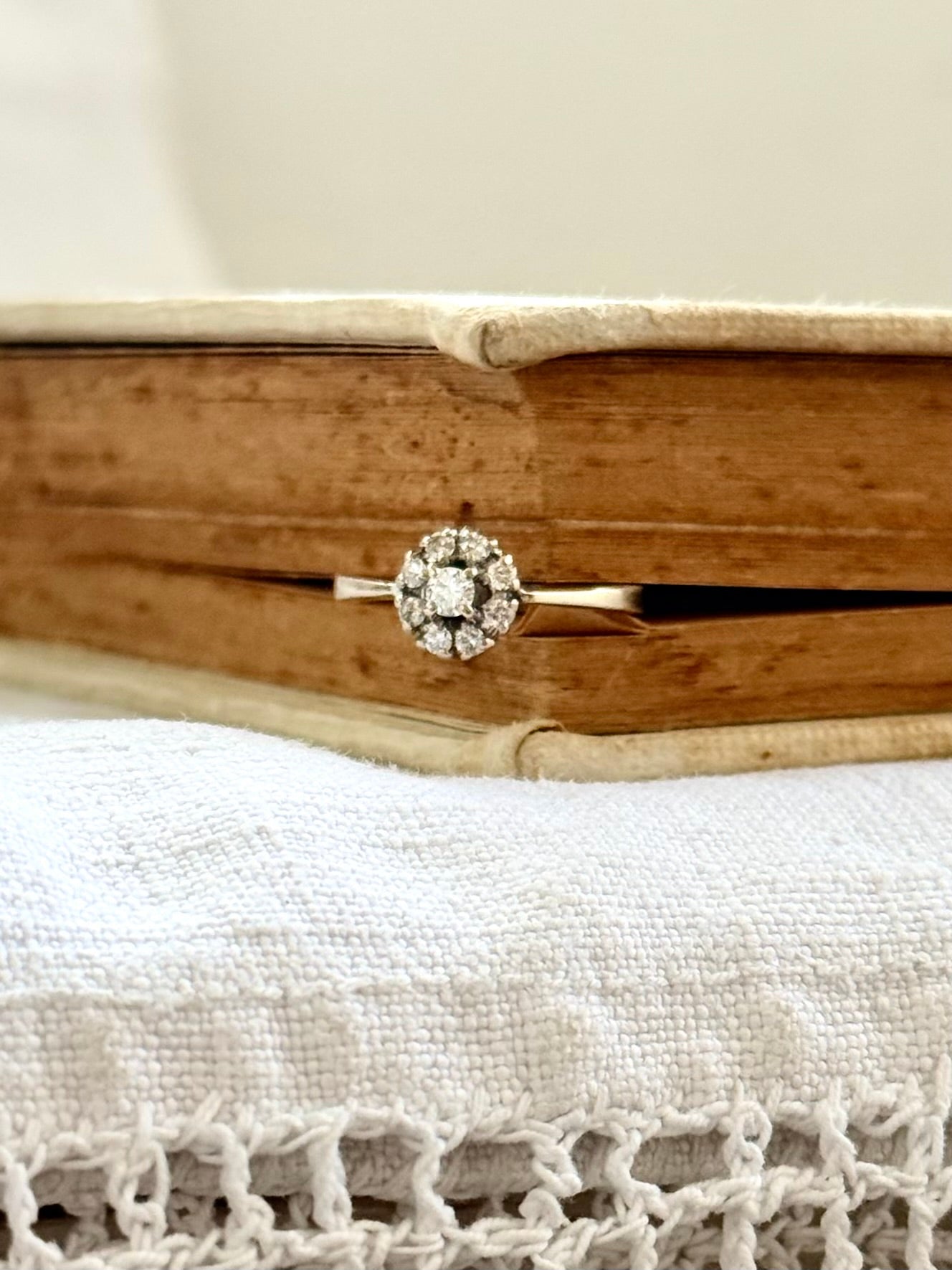 .18ct .1950s .1970s .9 diamond .750 white gold Diamond cluster flower floret halo diamond heirloom diamond gold commitment ring engagement ring