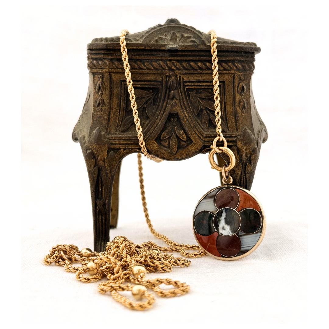 .1850s .1860s .375 gold .925 silver antique Victorian Scottish agate pebble stone pendant with St Christopher token pendant