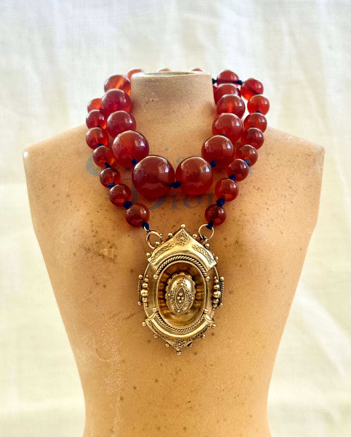 .1800s .375 .9ct gold Antique decorative fine Etruscan revival Victorian ornate gold oval pendant on luxury Carnelian bead graduated gemstone necklace setting