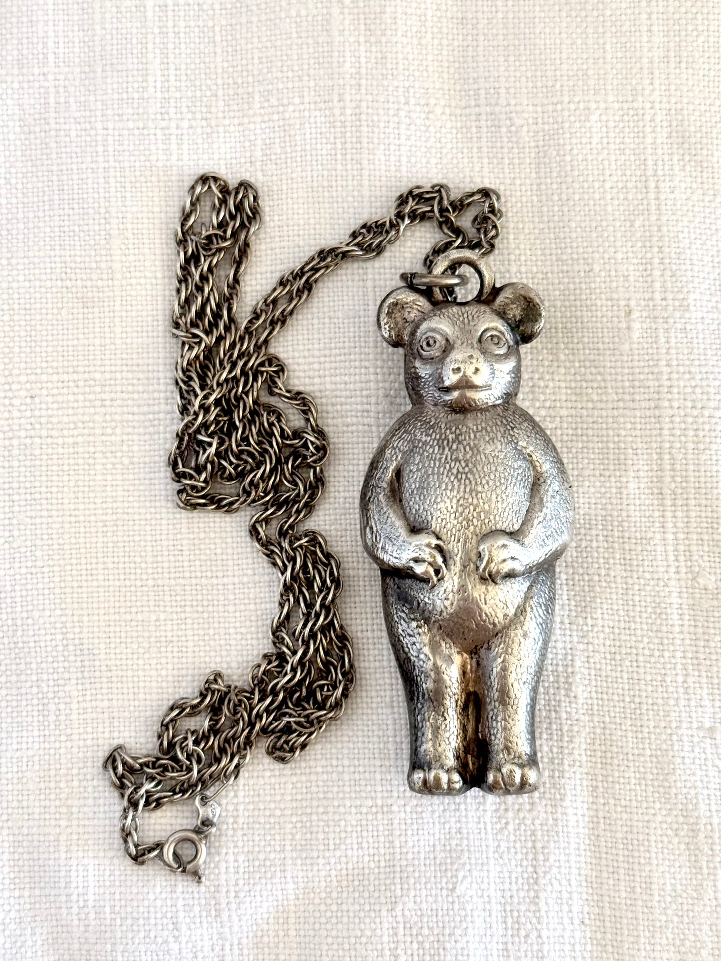 .1910s .1920s Art Nouveau figural collectors bear rattle baby rattle pendant on long silver chain