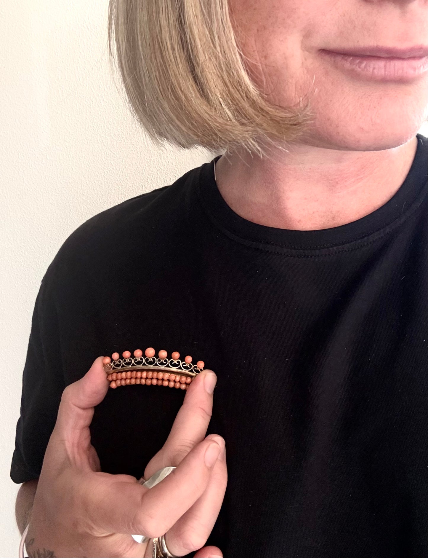 .1800s 19th century antique Salmon Coral Crown Tiara gold tone brooch pin