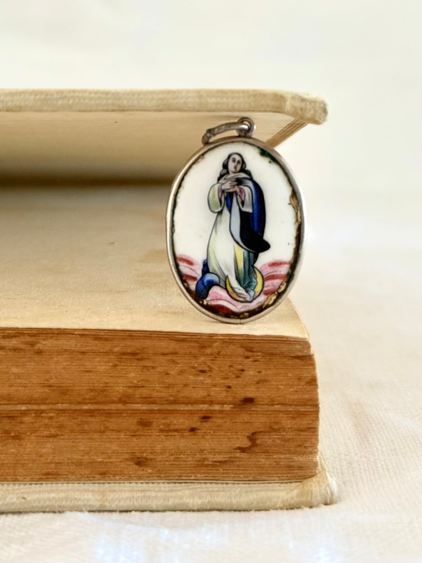 .1890s .1900s antique Portuguese Our Lady of miraculous Conception enamel pendant