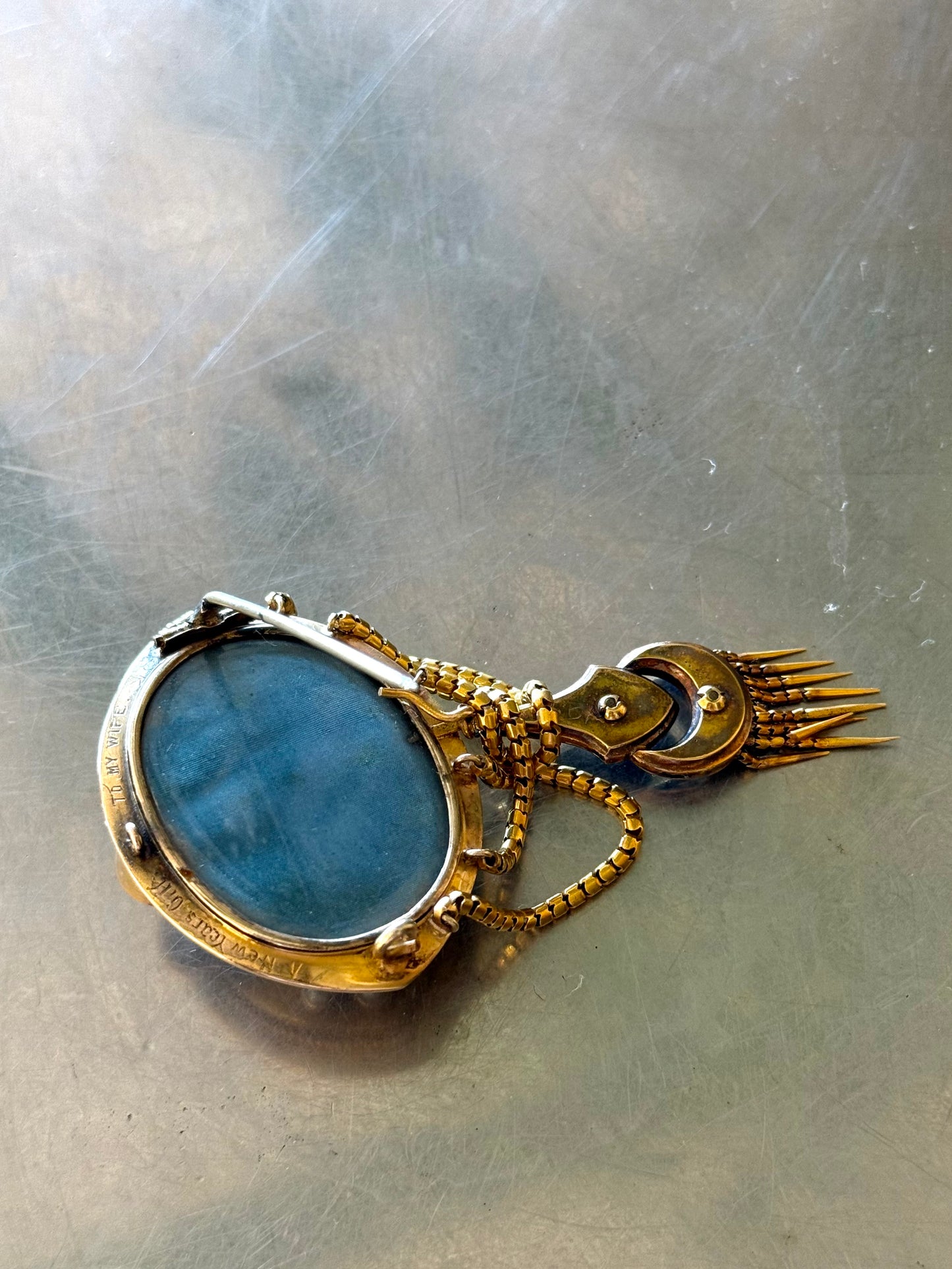 .1800s antique Etruscan revival high carat gold pearl royal blue enamel high carat gold tassel memorial Victorian rare heirloom navette shaped gold brooch